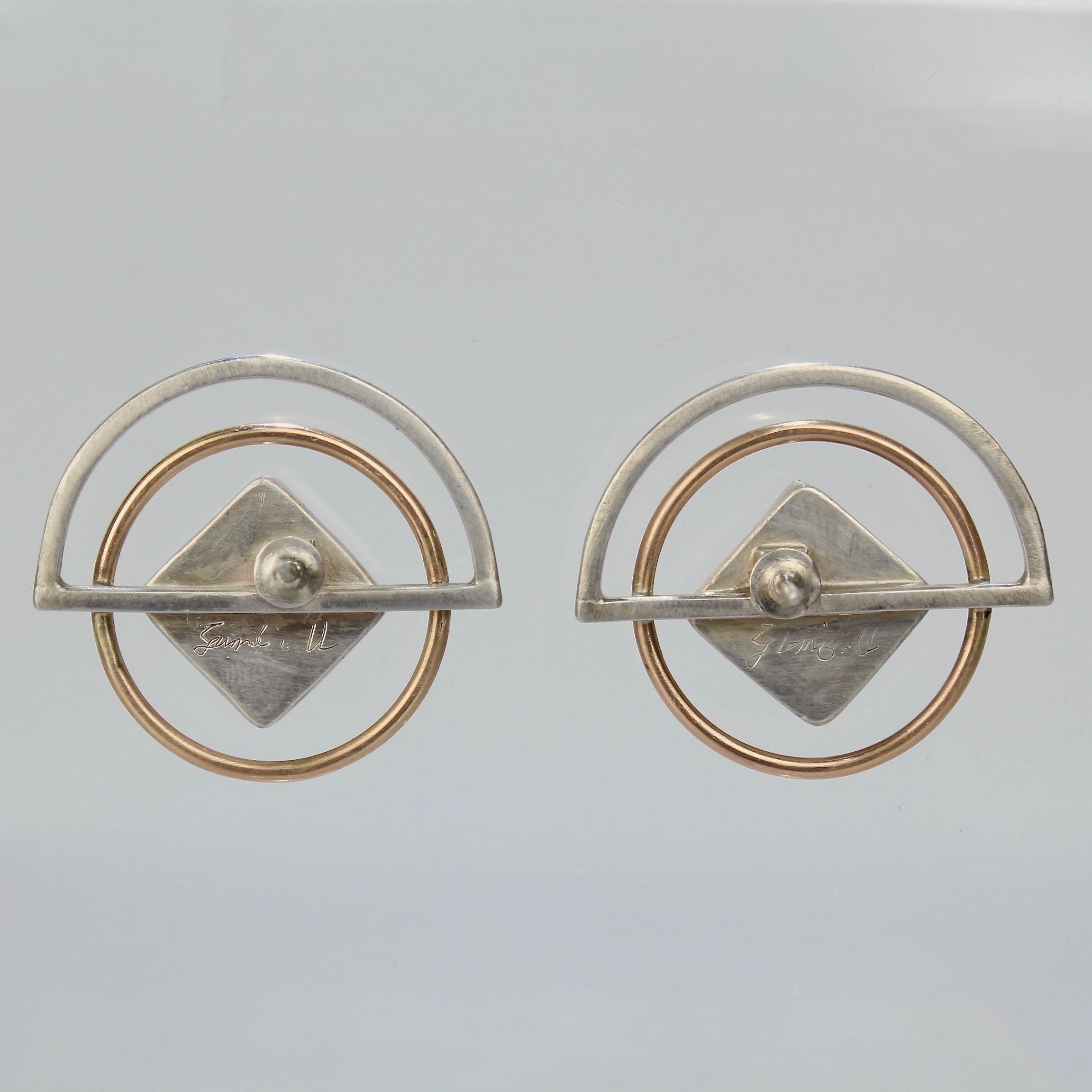 Yumi Ueno Retro Geometric Gold, Silver & Carnelian Earrings In Good Condition In Philadelphia, PA