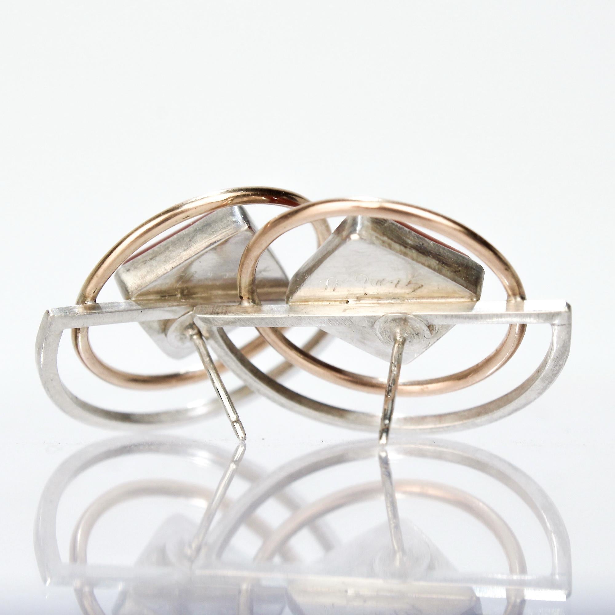 Yumi Ueno Retro Geometric Gold, Silver, & Carnelian Earrings For Sale 2
