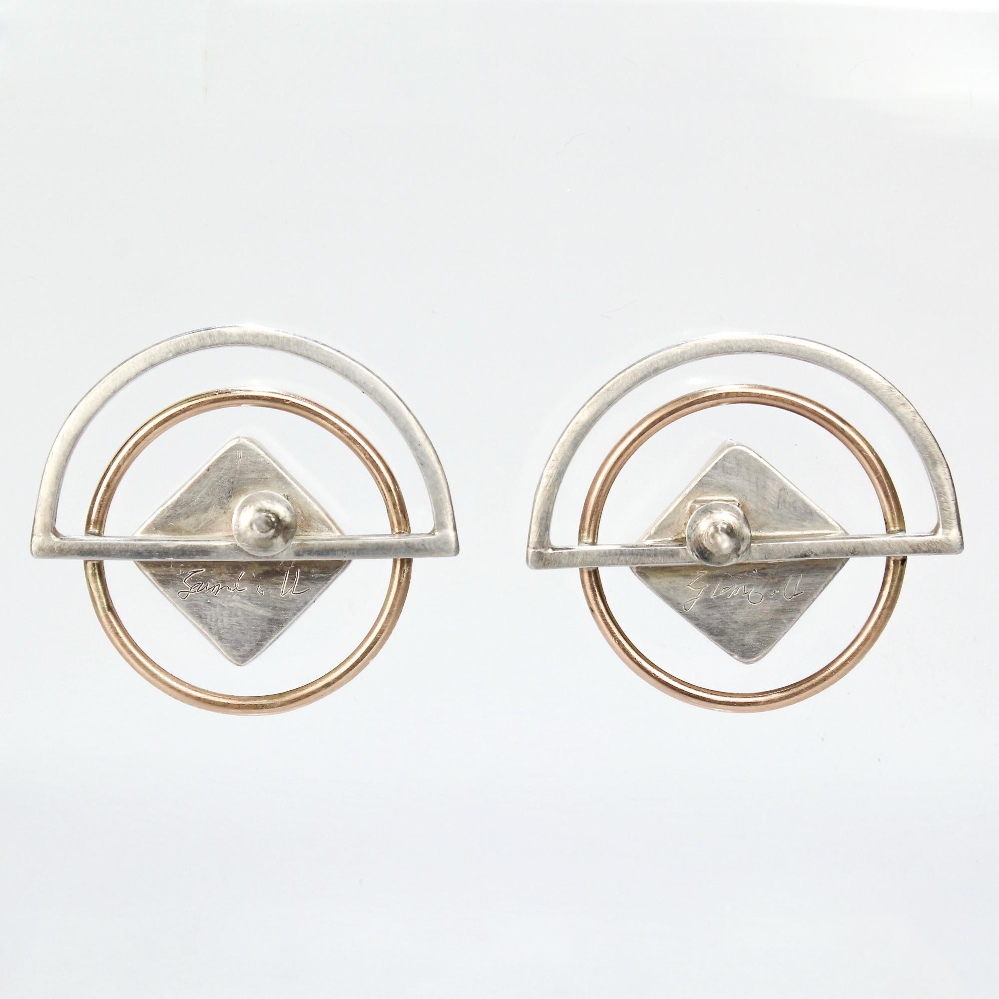 Yumi Ueno Retro Geometric Gold, Silver, & Carnelian Earrings For Sale 3