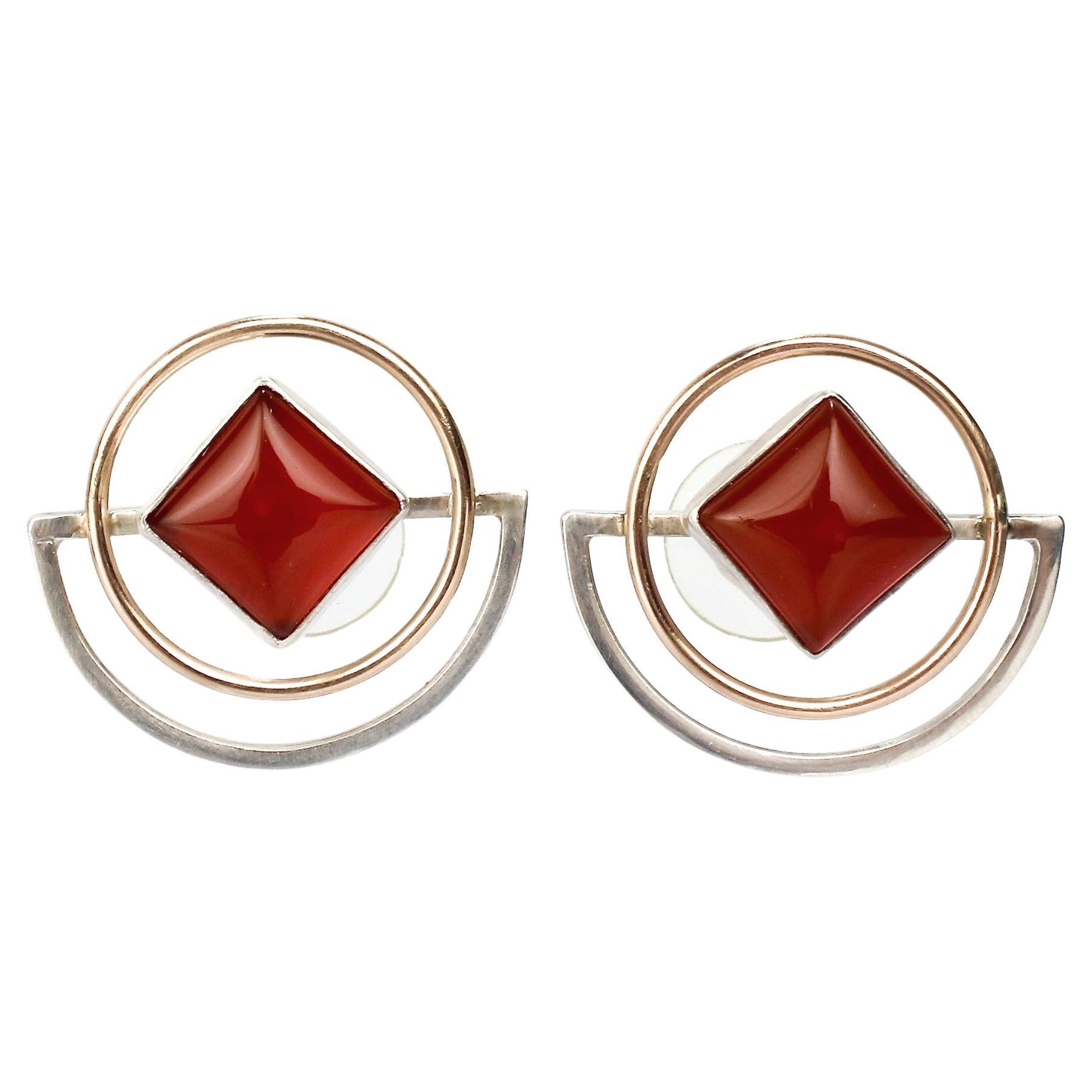 Yumi Ueno Retro Geometric Gold, Silver, & Carnelian Earrings For Sale