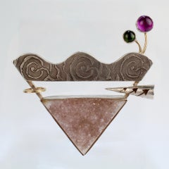 Yumi Ueno Retro Gold, Silver, Druzy Amethyst and Green Tourmaline Brooch