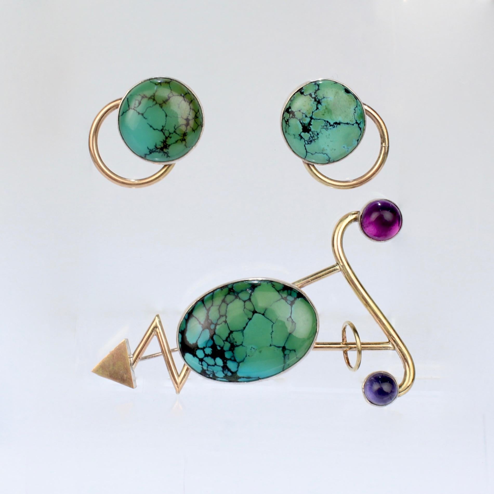 Retro Yumi Ueno Silver & Gold Earrings & Brooch Set with Matrix Turquoise & Gemstones