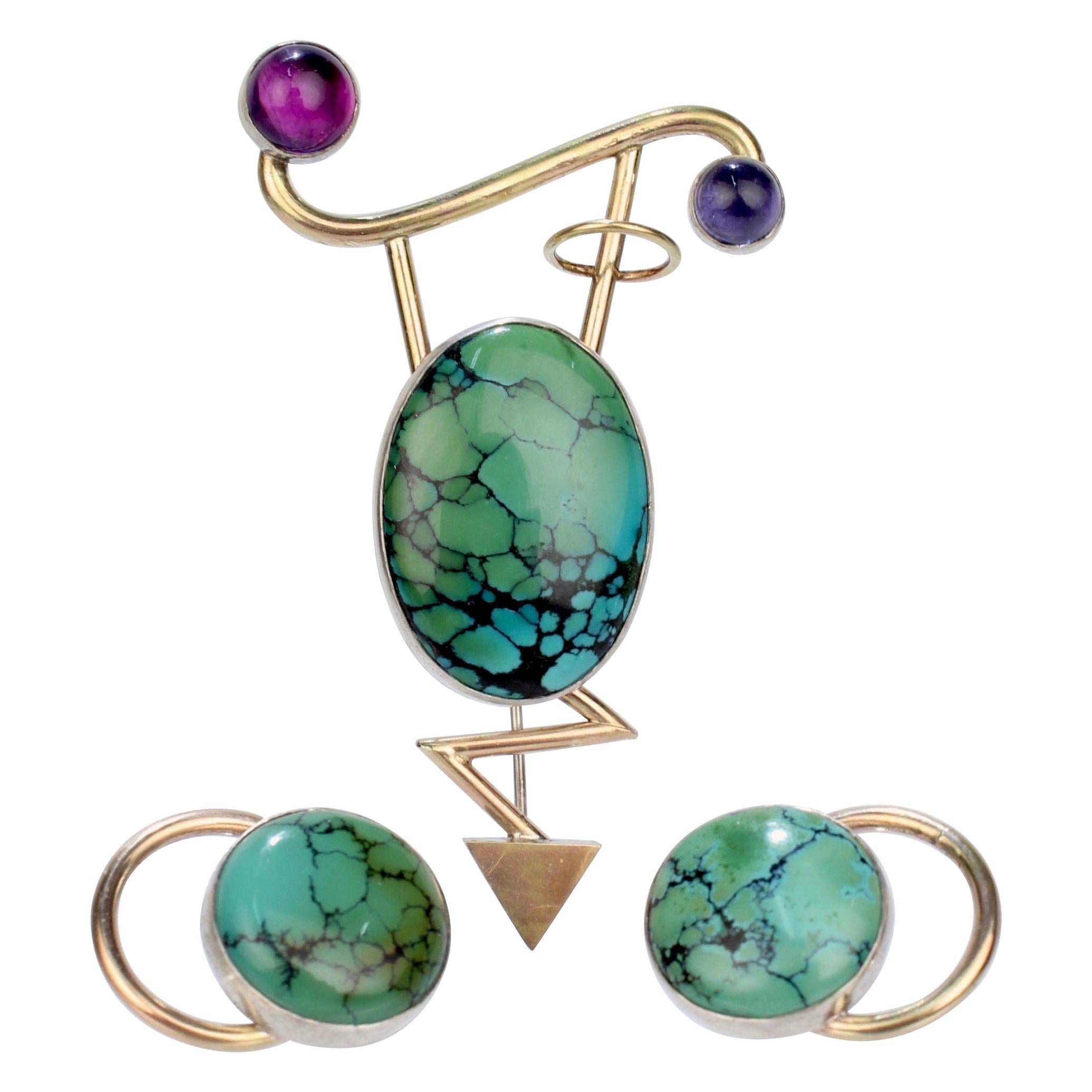 Yumi Ueno Silver & Gold Earrings & Brooch Set with Matrix Turquoise & Gemstones