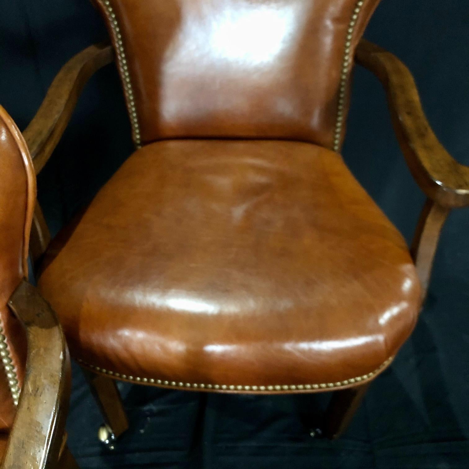 North American Yummy Caramel Leather Set of Three Vintage Library Club or Desk Chairs