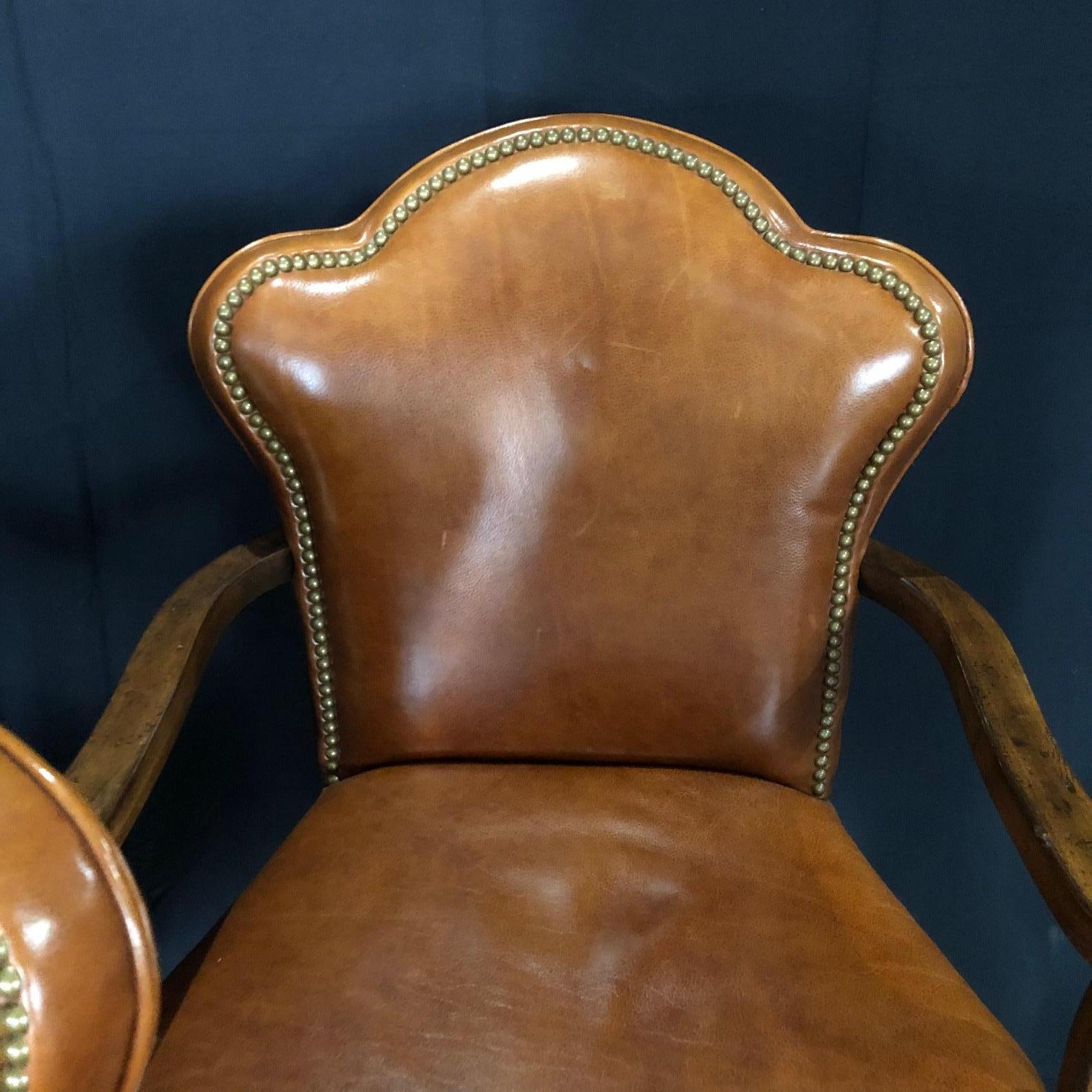 Yummy Caramel Leather Set of Three Vintage Library Club or Desk Chairs 1