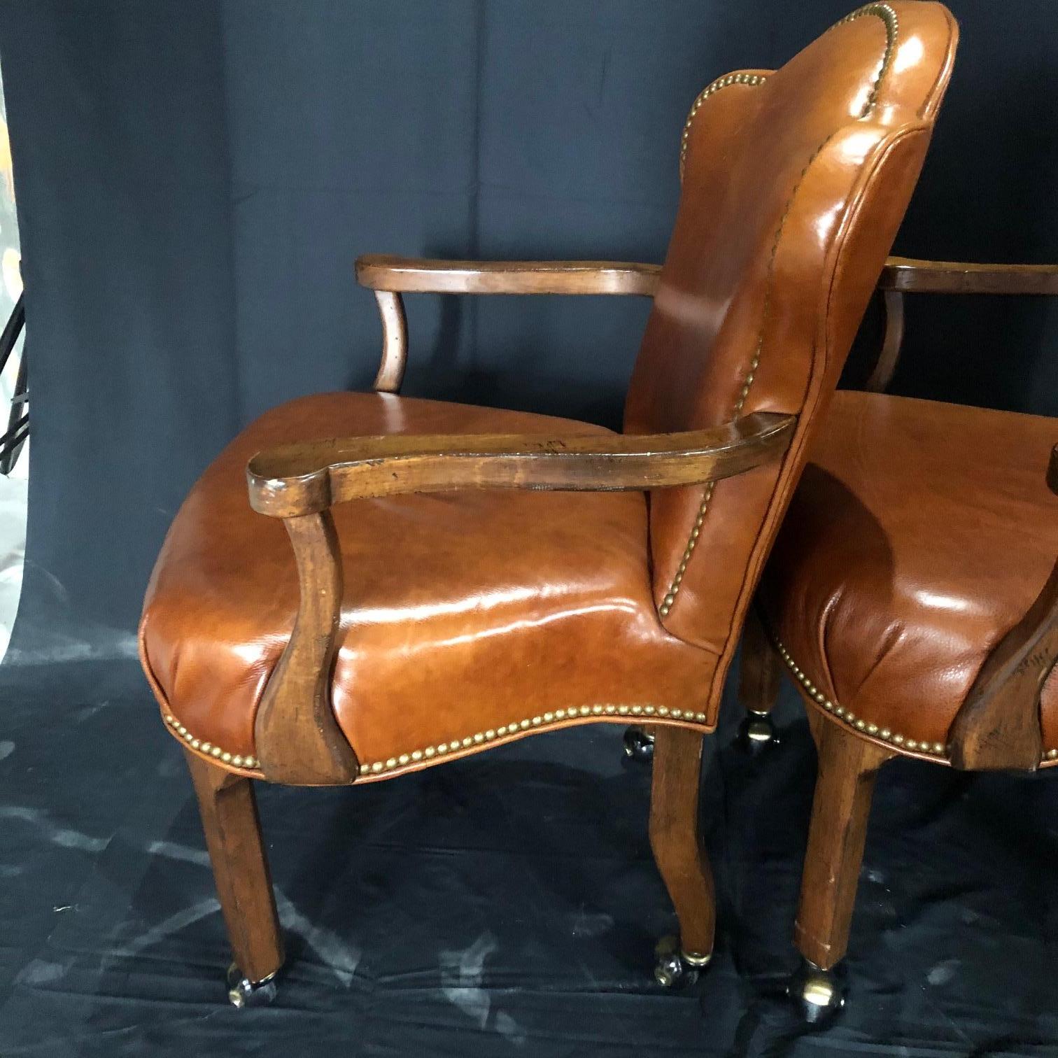 Yummy Caramel Leather Set of Three Vintage Library Club or Desk Chairs 2