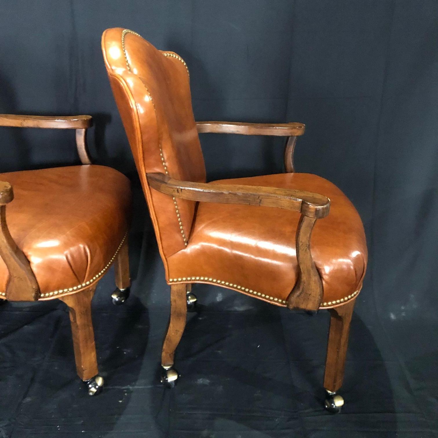 Yummy Caramel Leather Set of Three Vintage Library Club or Desk Chairs 3