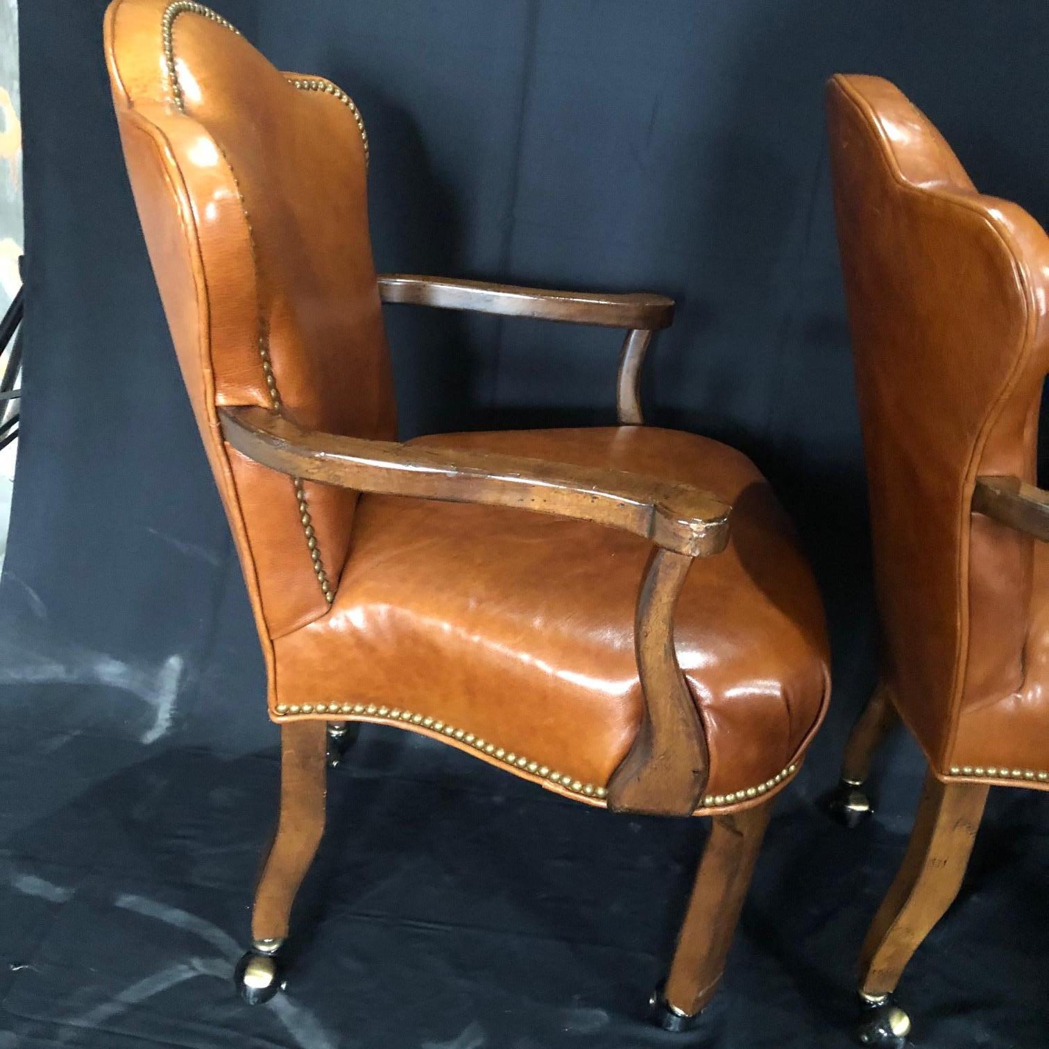 Yummy Caramel Leather Set of Three Vintage Library Club or Desk Chairs 4