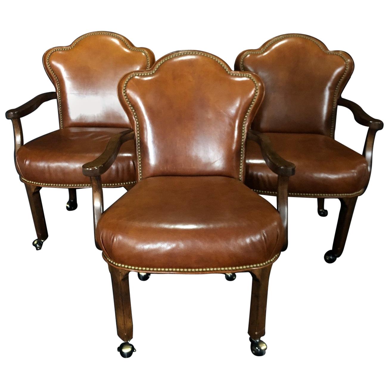 Yummy Caramel Leather Set of Three Vintage Library Club or Desk Chairs