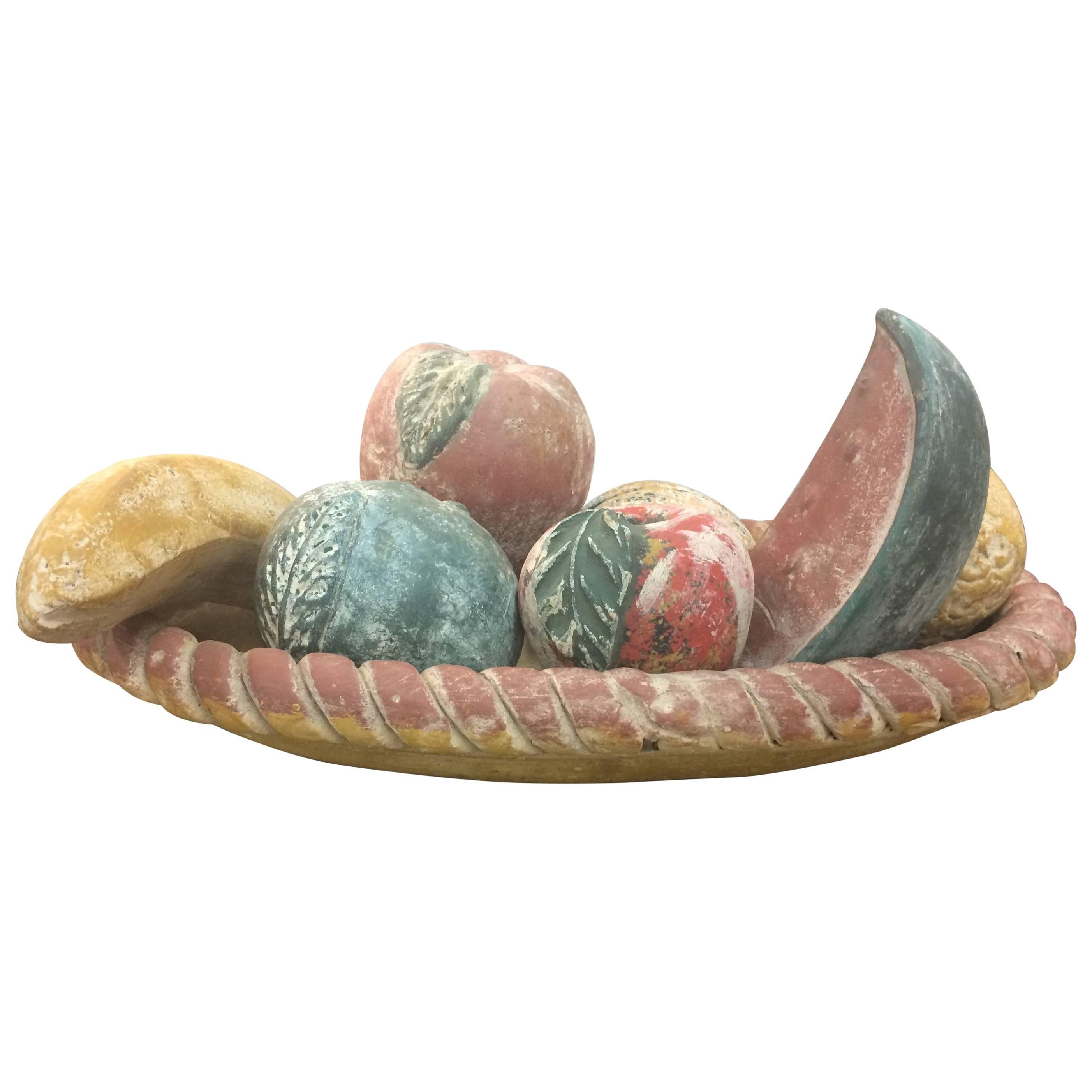 Yummy Collection of Hand-Painted Clay Fruit in Braided Bowl