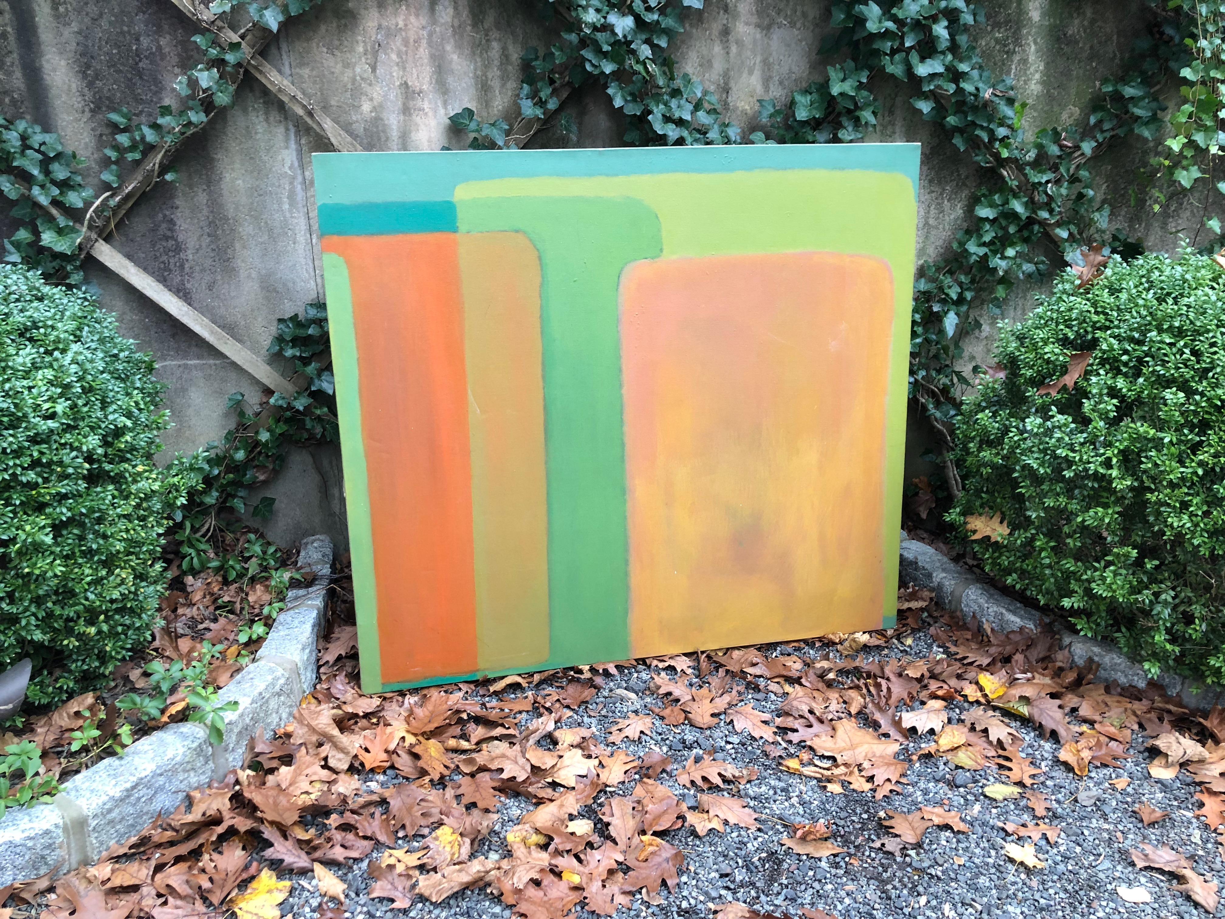 Large Mid-Century Modern abstract in shades of green, turquoise and orange. Unsigned.