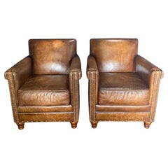 Yummy Pair of Vintage French Art Deco Tobacco Leather Club Chairs