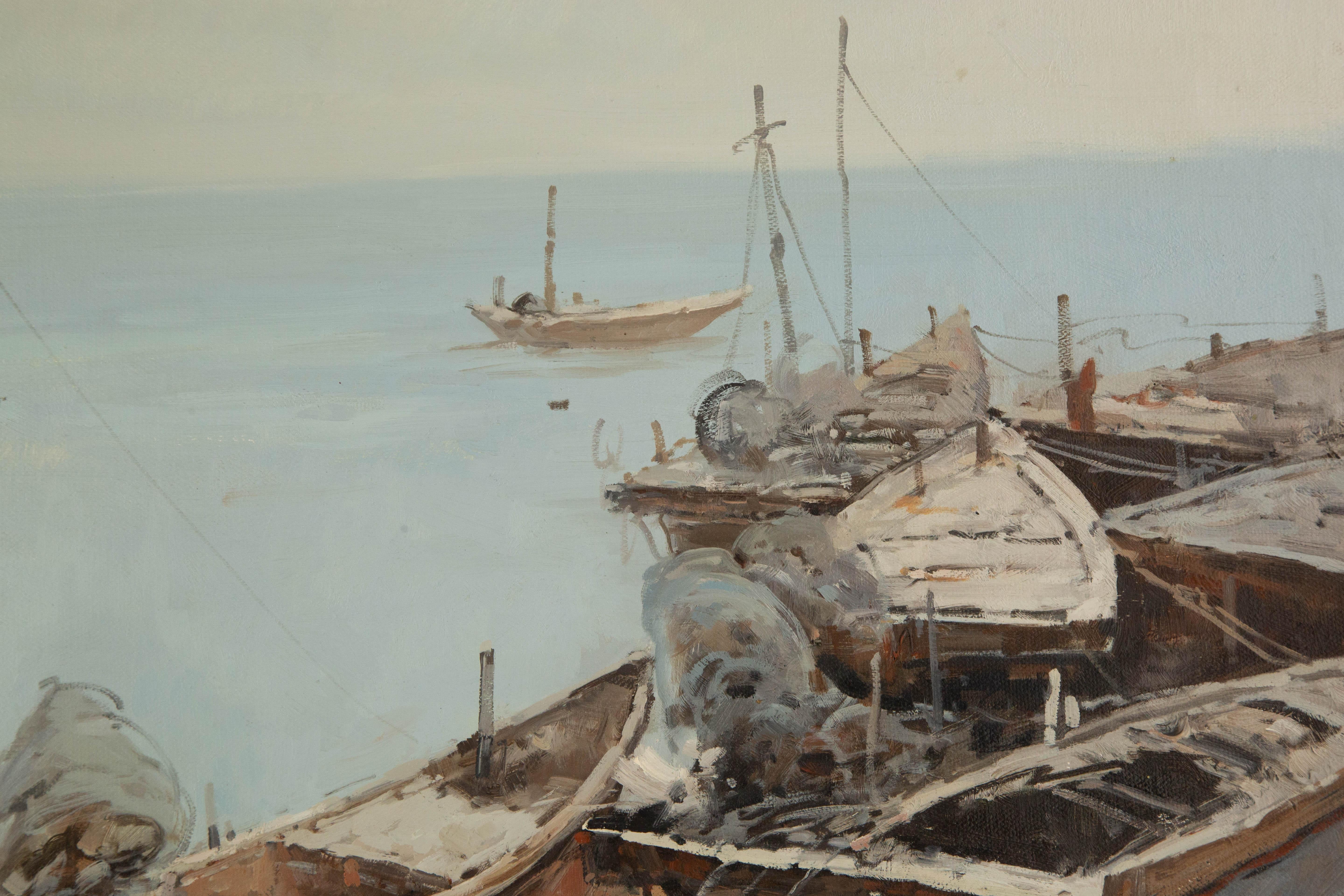 Yun Xi Landschaft, Original, Ölgemälde auf Leinwand, „Fischenboote“, Yun Xi im Angebot 3