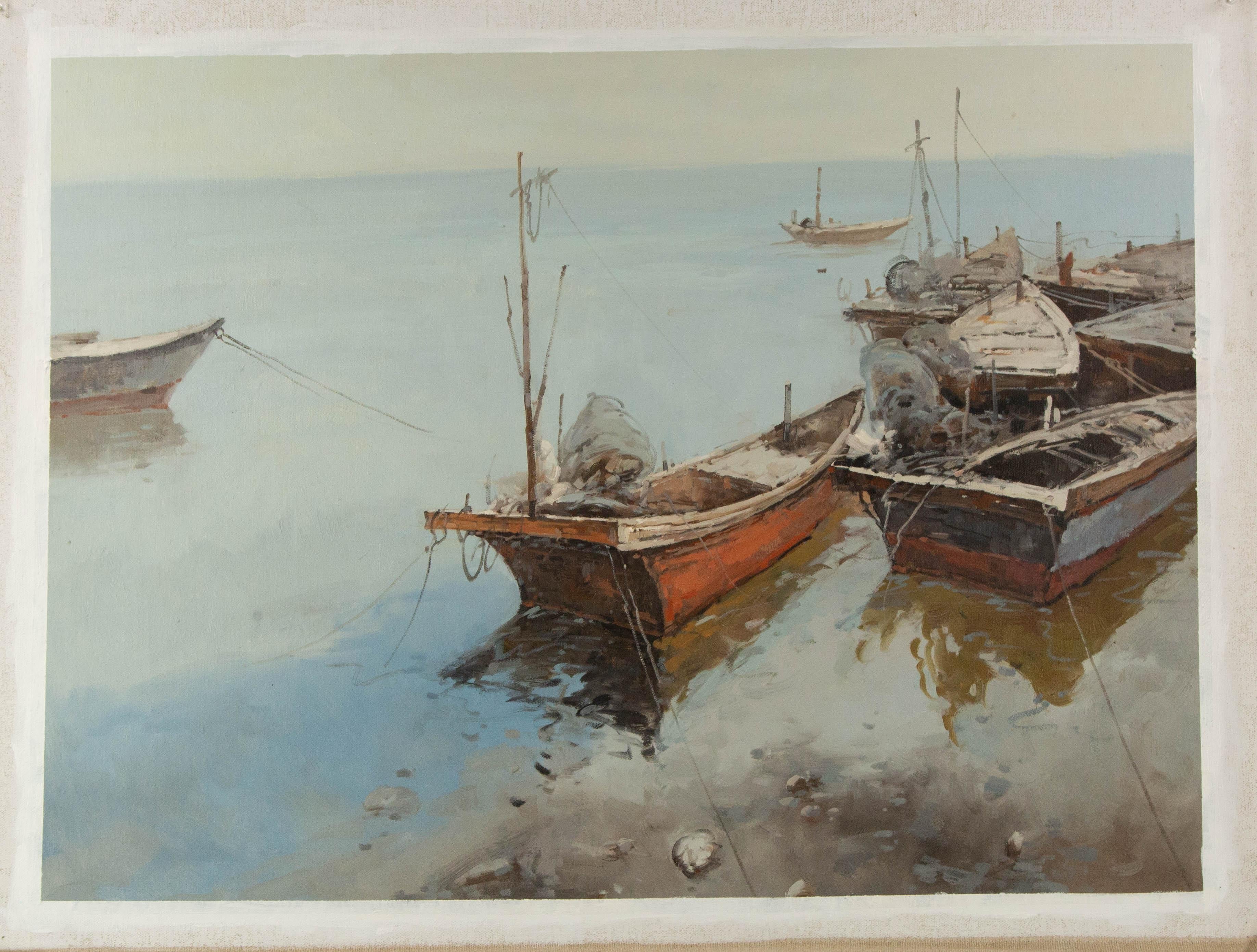 Yun Xi Landschaft, Original, Ölgemälde auf Leinwand, „Fischenboote“, Yun Xi im Angebot 6