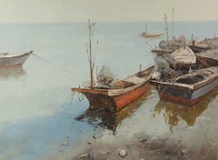 Yun Xi Landscape Original Oil On Canvas "Fishing Boats"