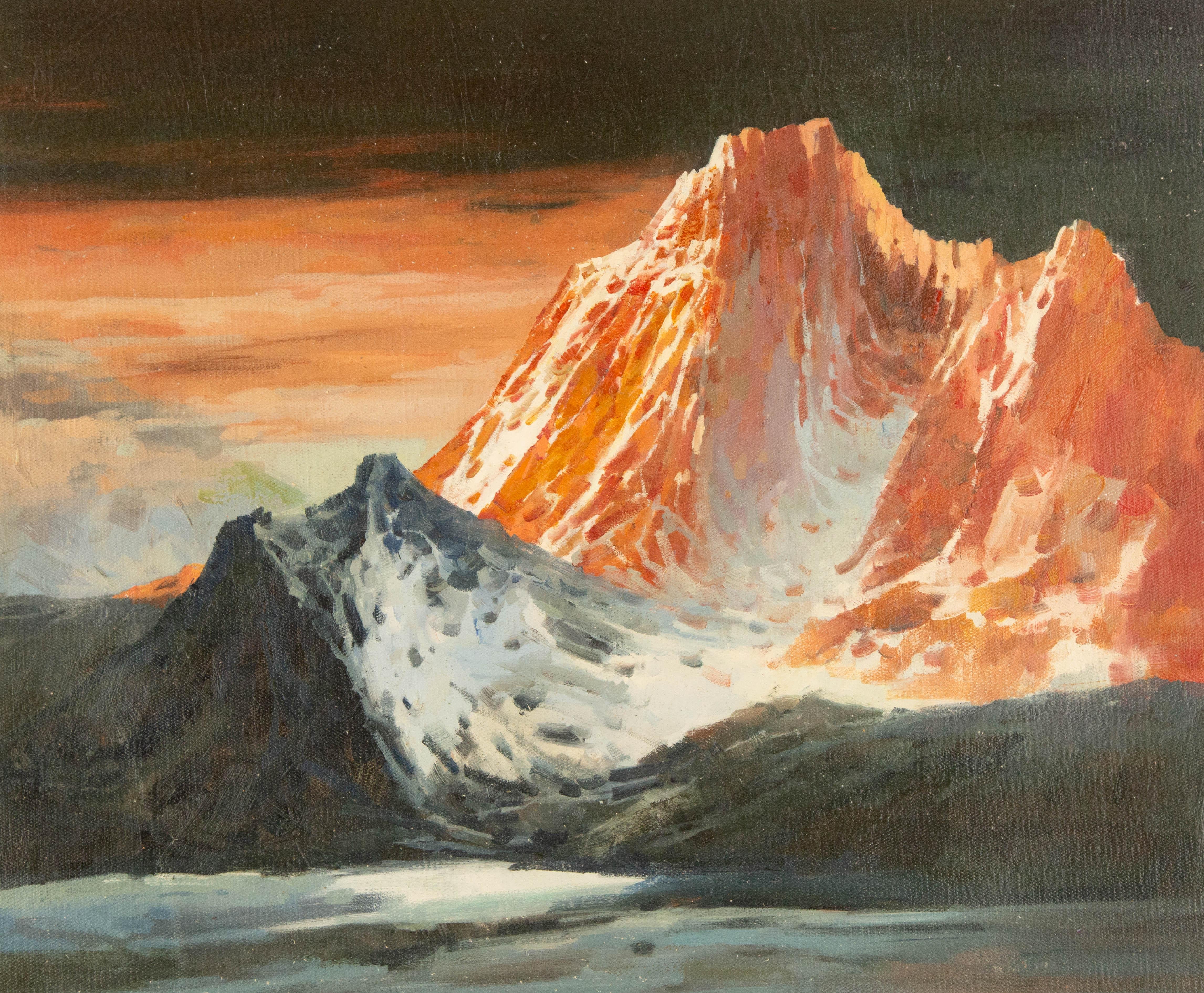  Title: Snow Peaks Dyed Red
 Medium: Oil on canvas
 Size: 19.5 x 23 inches
 Frame: Framing options available!
 Condition: The painting appears to be in excellent condition.
 Note: This painting is unstretched
 Year: 2016
 Artist: Yun Xi
 Signature: