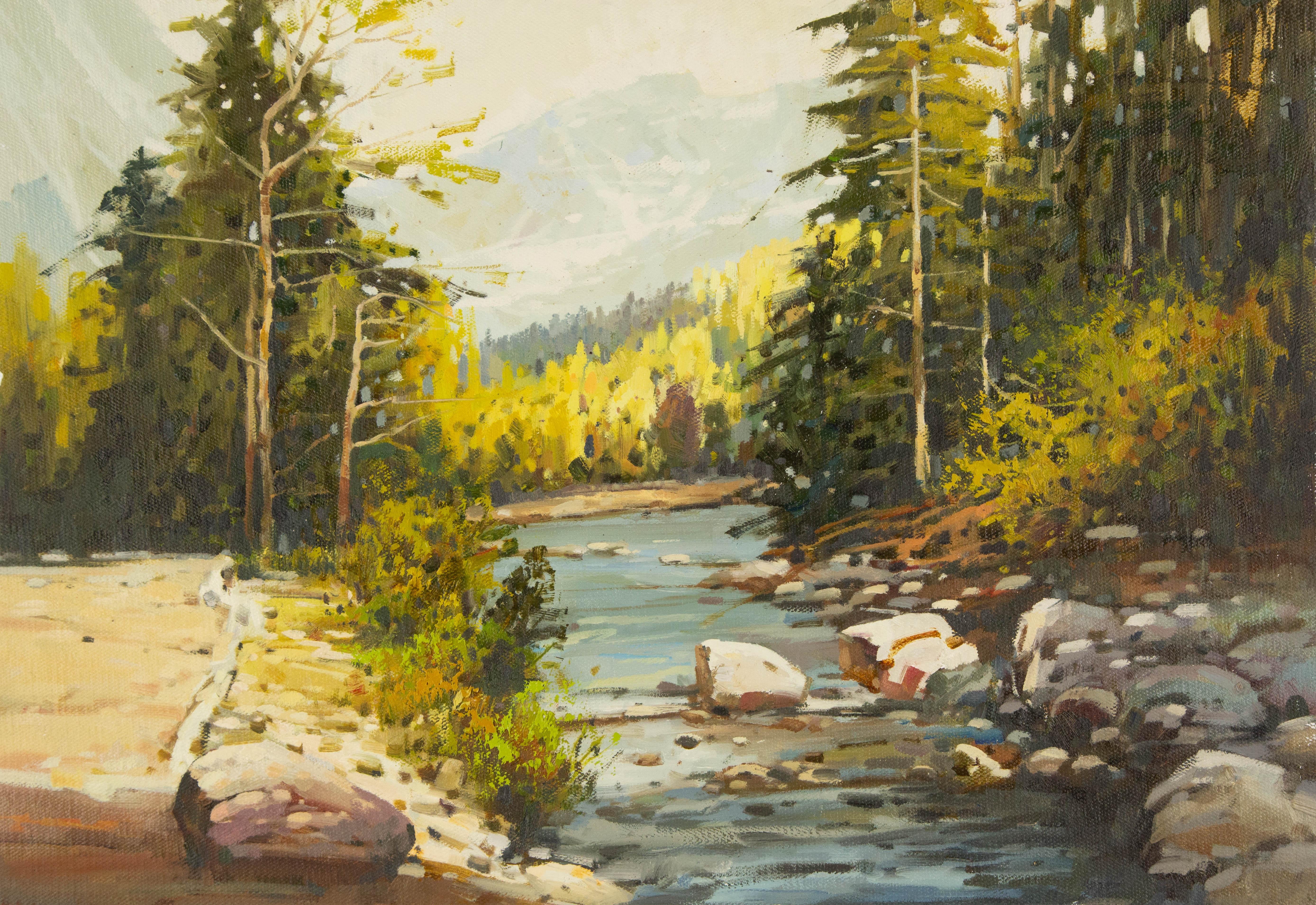  Title: Spring Stream
 Medium: Oil on canvas
 Size: 16 x 23 inches
 Frame: Framing options available!
 Condition: The painting appears to be in excellent condition.
 Note: This painting is unstretched
 Year: 2014
 Artist: Yun Xi
 Signature: Signed
