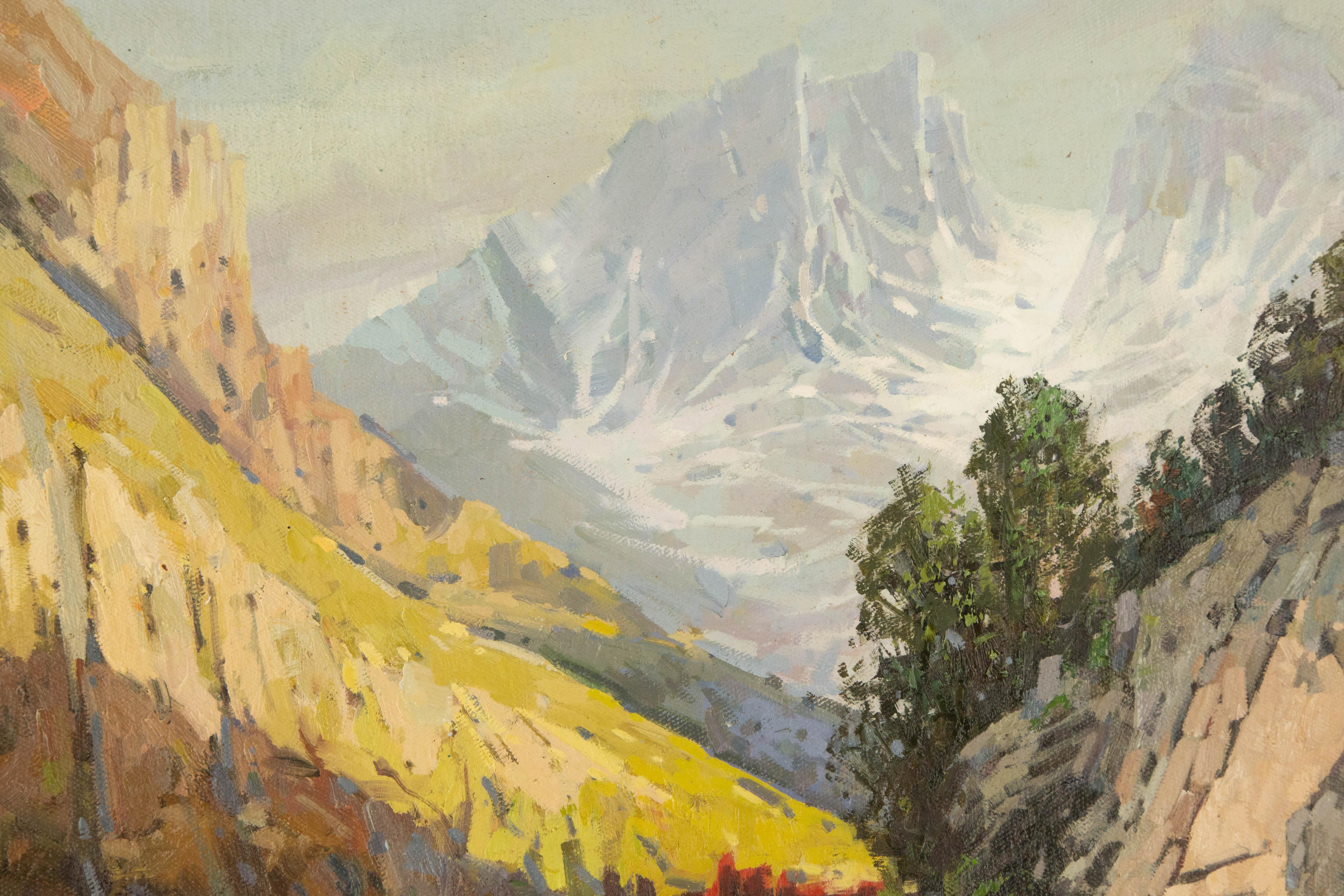 Yun Xi Landschaft, Original Ölgemälde auf Leinwand, „Stream Under The Snow Peak“ im Angebot 1