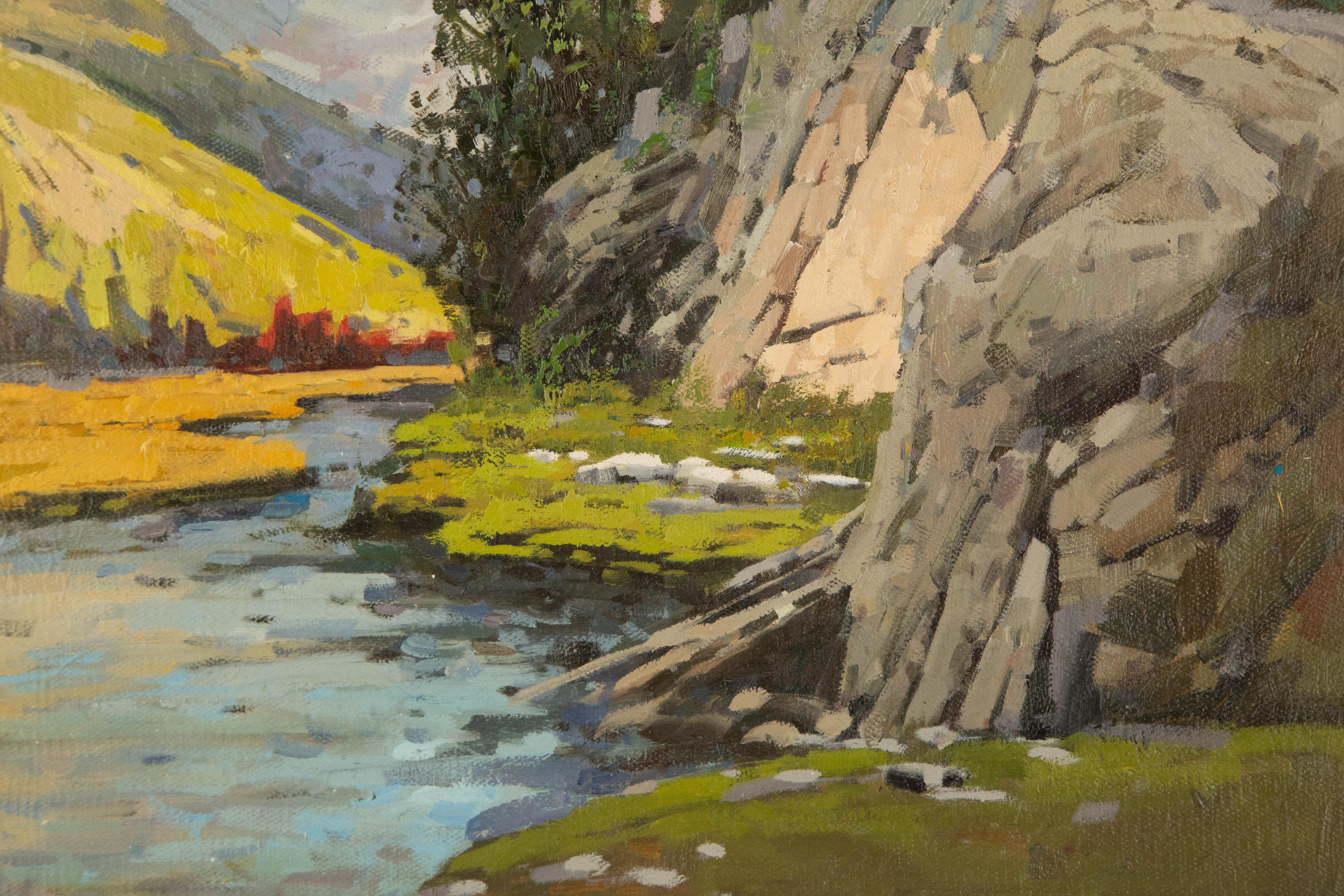 Yun Xi Landschaft, Original Ölgemälde auf Leinwand, „Stream Under The Snow Peak“ im Angebot 4