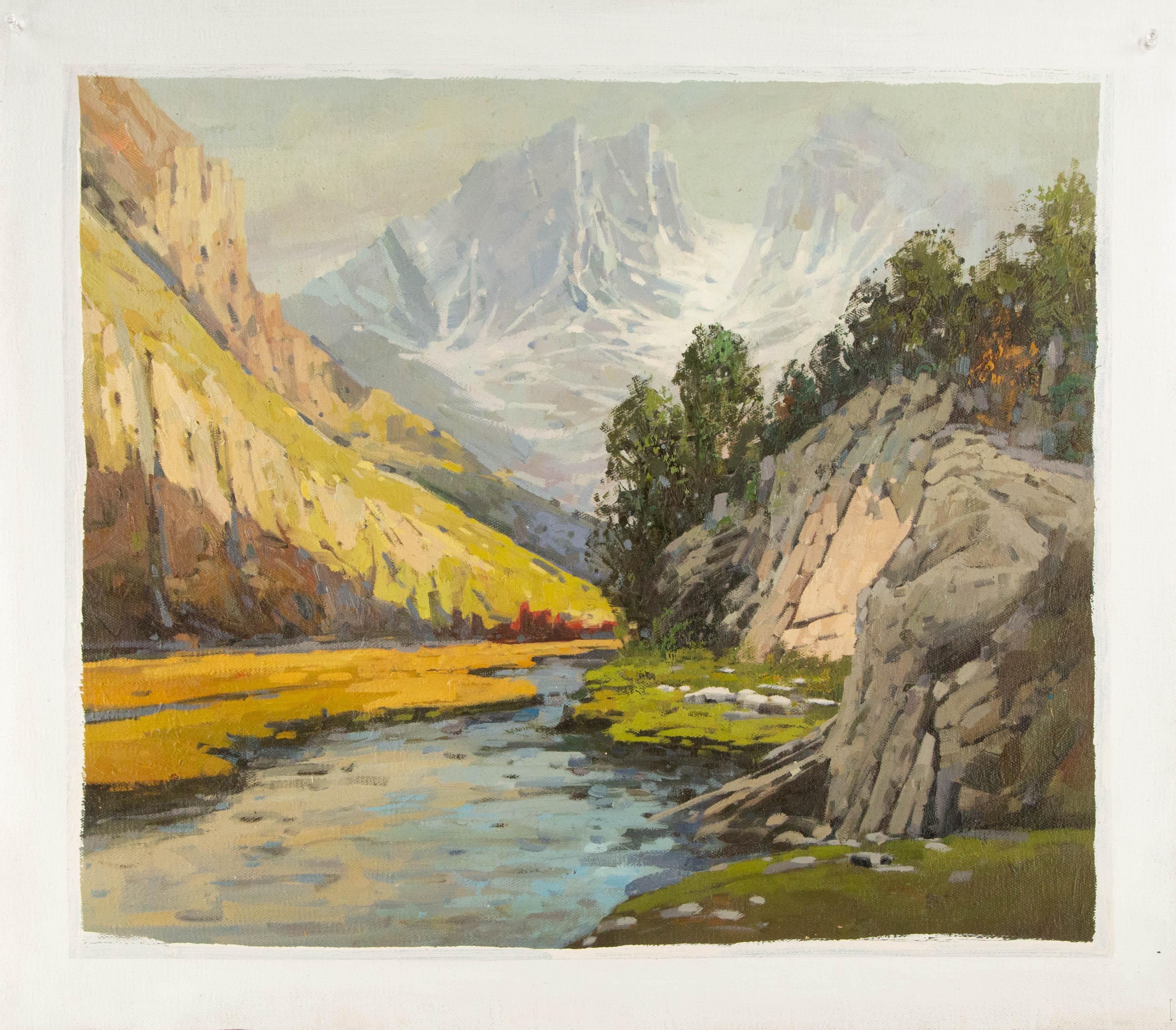 Yun Xi Landschaft, Original Ölgemälde auf Leinwand, „Stream Under The Snow Peak“ im Angebot 7