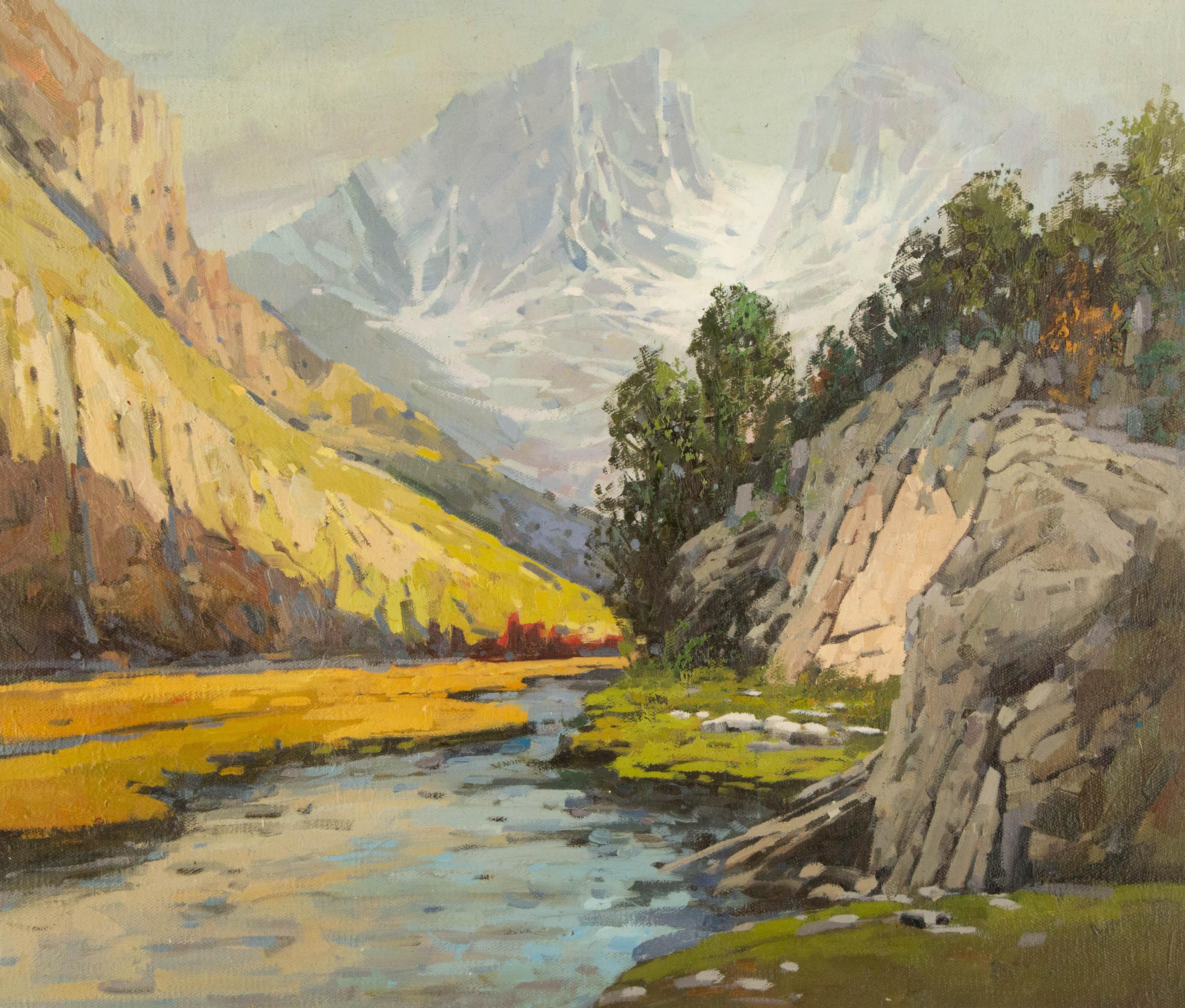 Yun Xi Landschaft, Original Ölgemälde auf Leinwand, „Stream Under The Snow Peak“