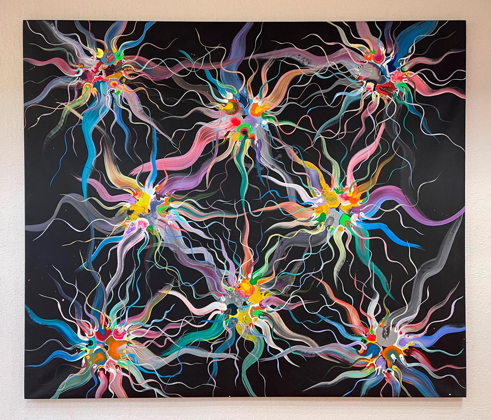 Wellen und Teilchen. Abstraktes Gemälde, Acrylfarbe auf Leinwand (Schwarz), Abstract Painting, von Yunior Marino