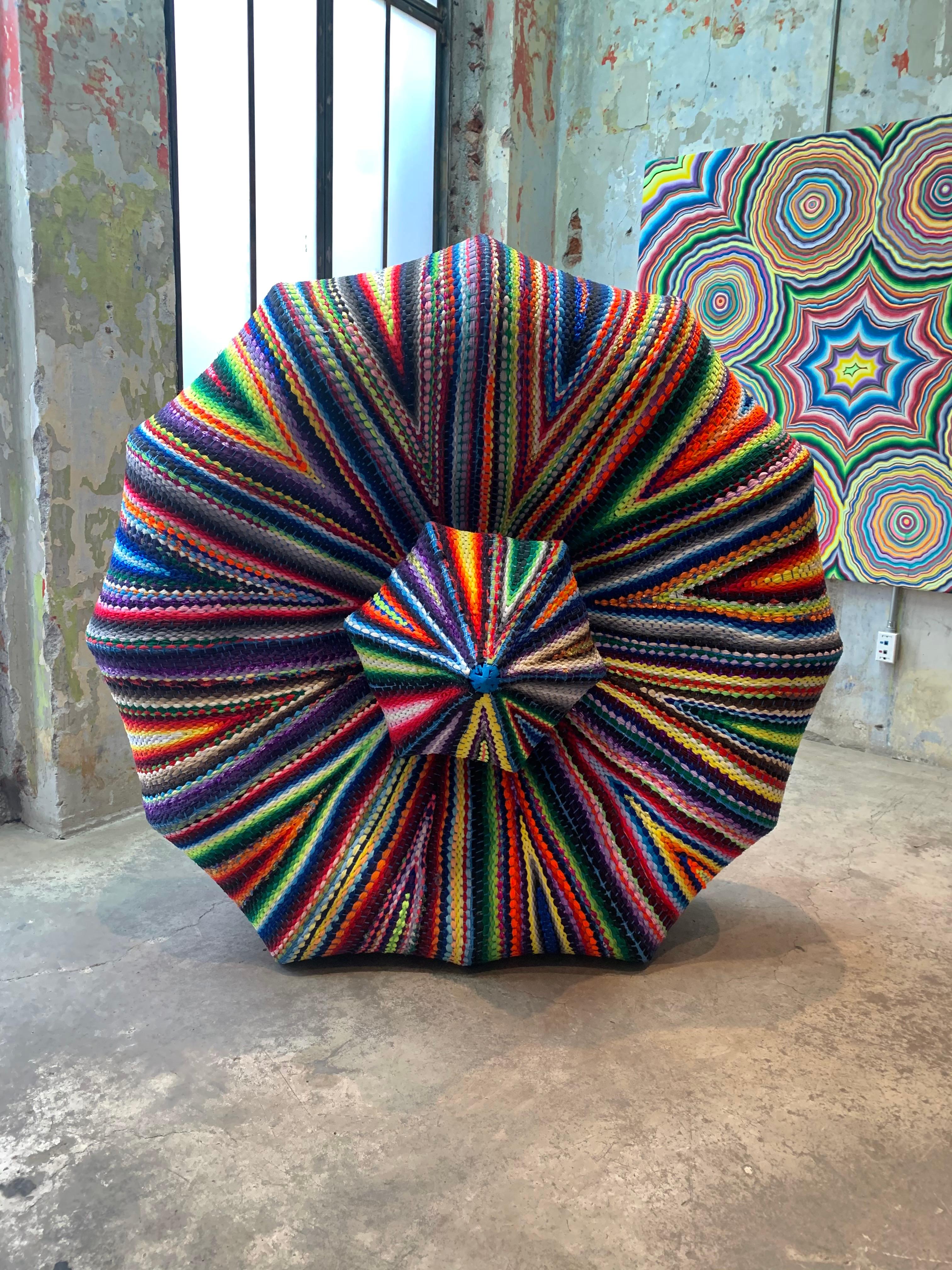 Peyote, 2022 by Yunior Manino
Wood and cloth
Size: 62.9 H X 64.9 W  x 31.4 D inches.
Edition of 3

Certificate of Authenticity
_______

The sculptural work developed by Yunior Marino in recent years is very similar to the pictorial work. The