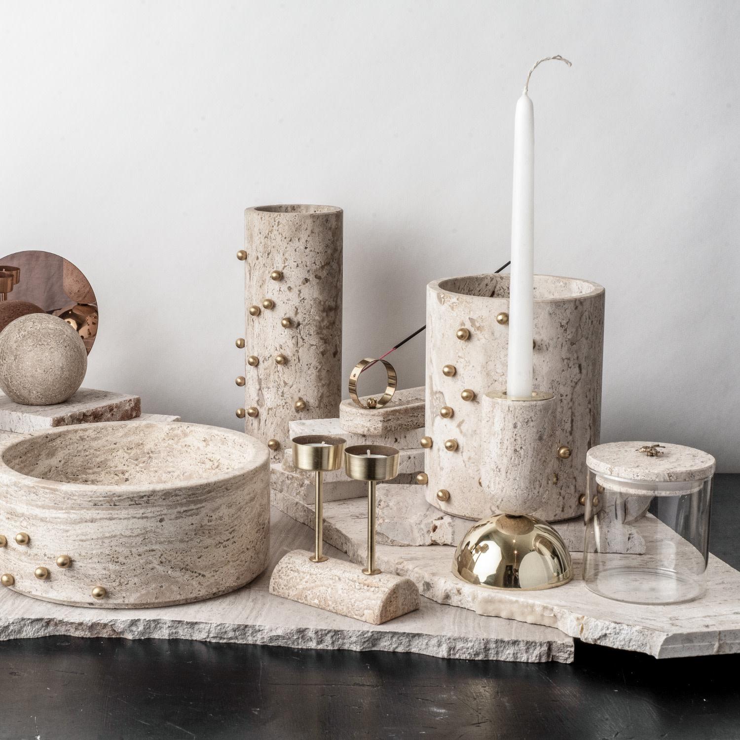 Modern Yunta Travertine Marble & Brass Candle Holders For Sale