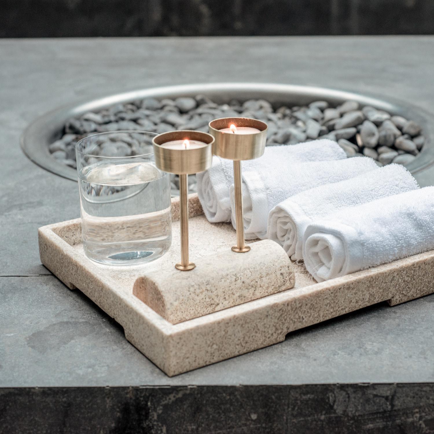 Mexican Yunta Travertine Marble & Brass Candle Holders For Sale