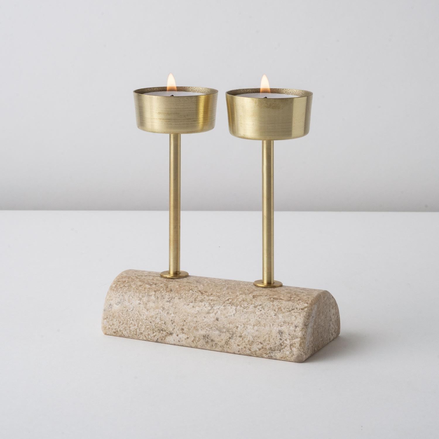 Hand-Carved Yunta Travertine Marble & Brass Candle Holders For Sale