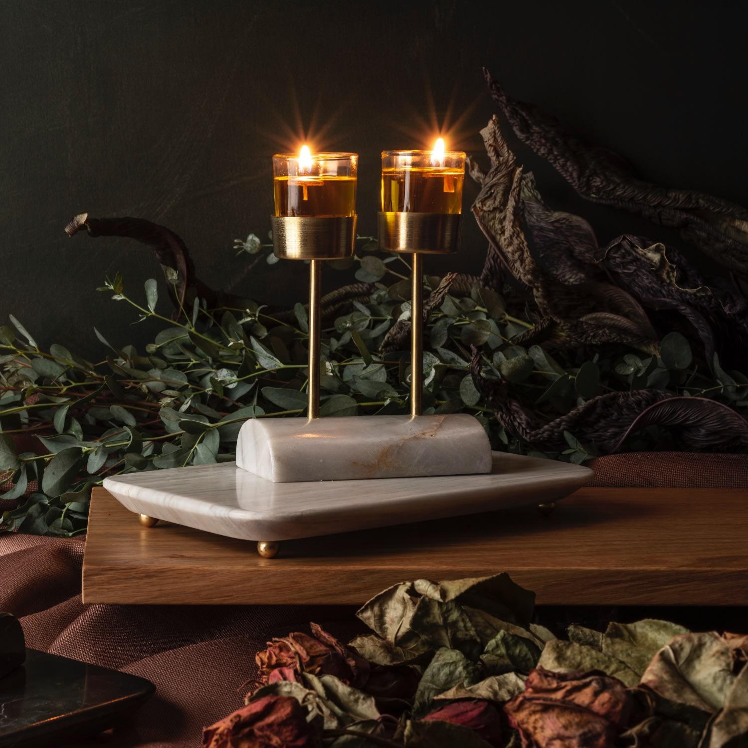 Yunta Travertine Marble & Brass Candle Holders For Sale 1
