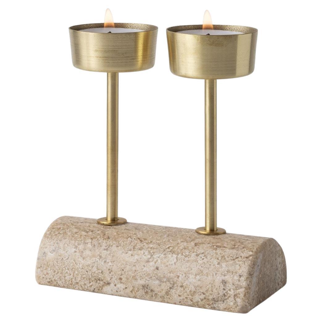 Yunta Travertine Marble & Brass Candle Holders For Sale