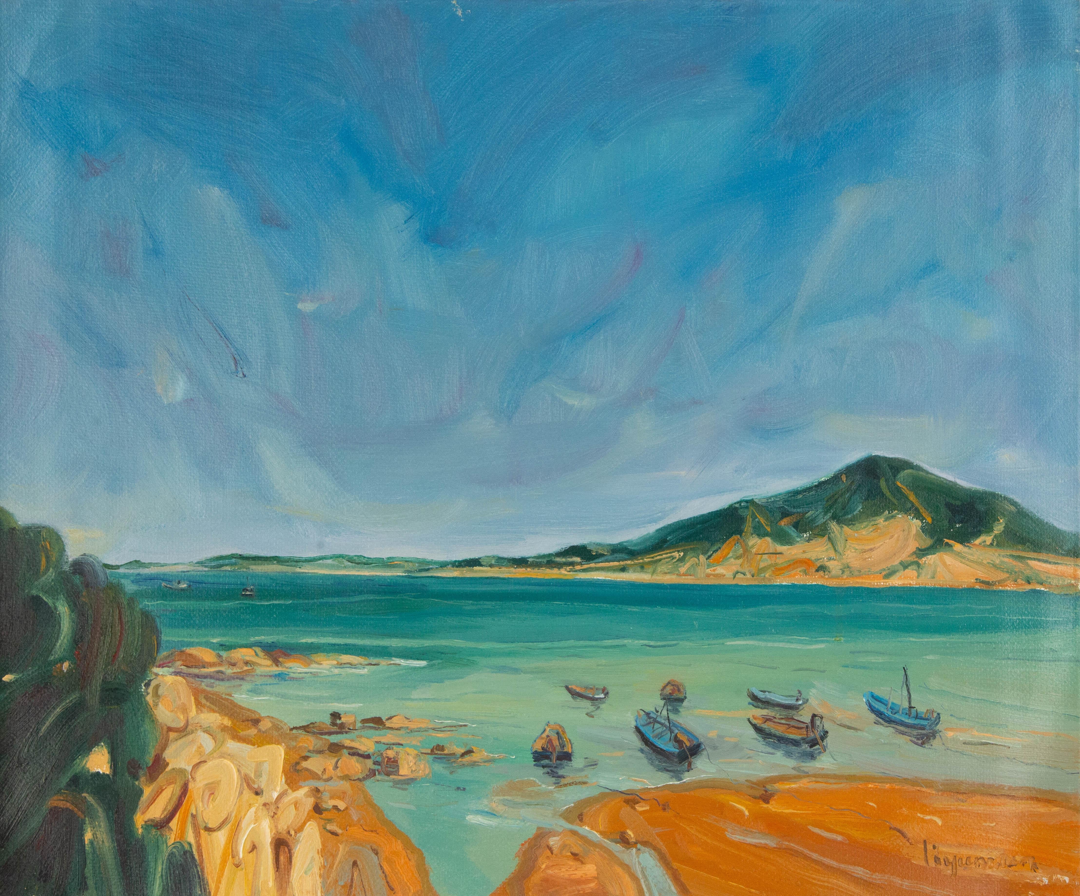  Yunxian Li Landscape Painting - Yunxian Li Waterscape Original Oil Painting "Boats On The Seashore"
