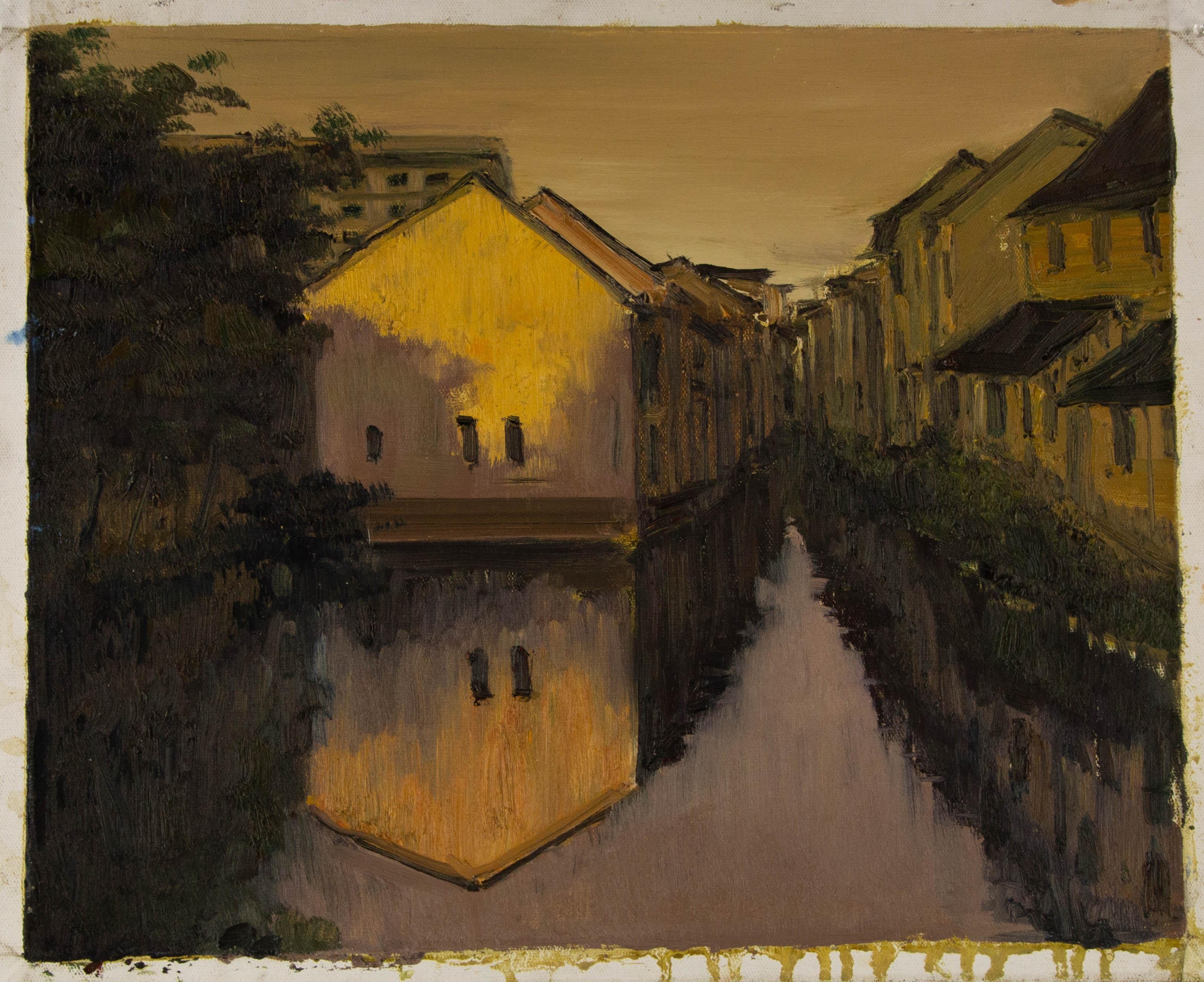 Huile originale sur toile « Watertown », paysage Yunxian Li en vente 7