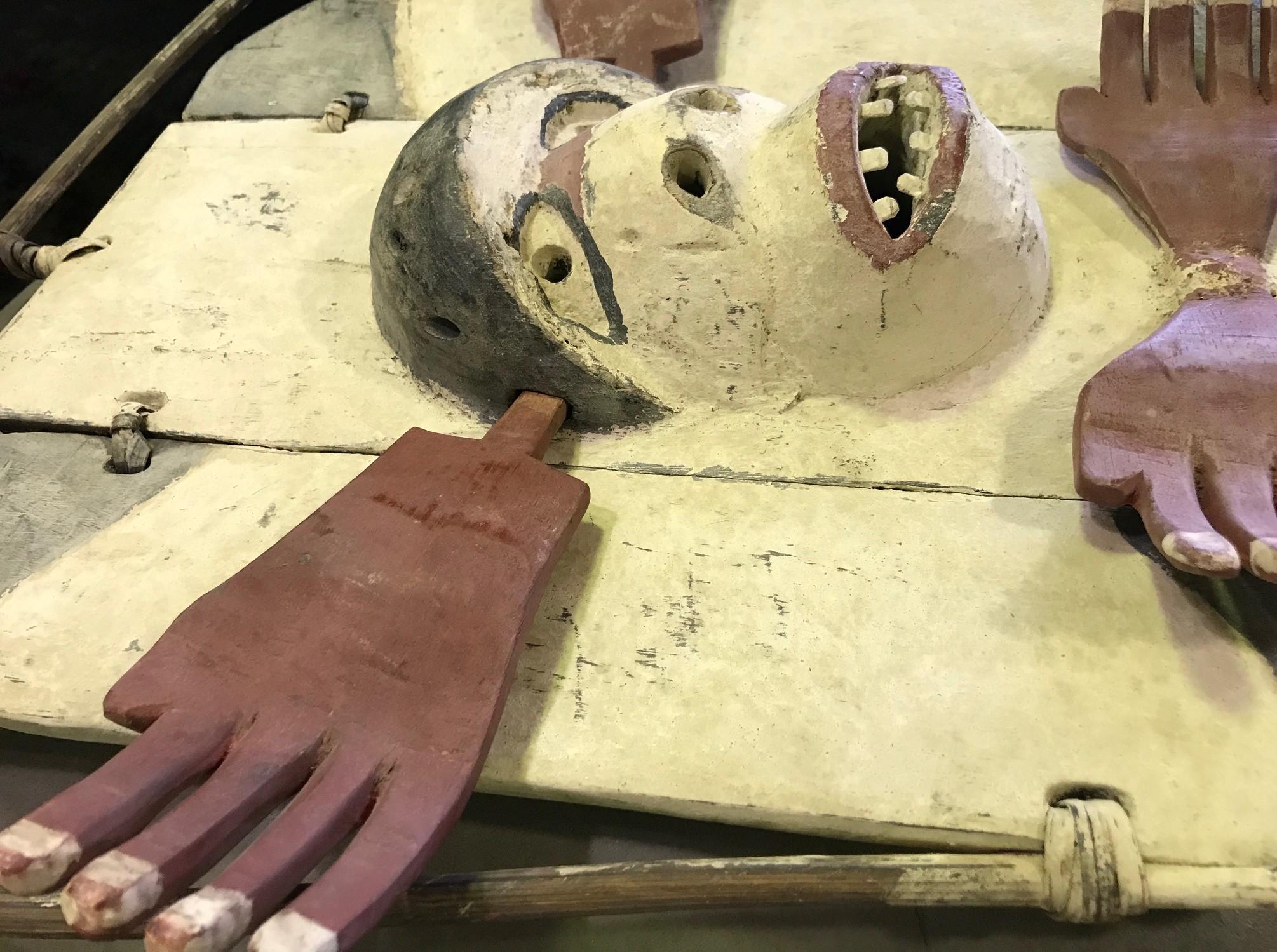Natural Fiber Yupik Yup'ik Native American Alaska Carved Polychrome Wood Anthropomorphic Mask For Sale