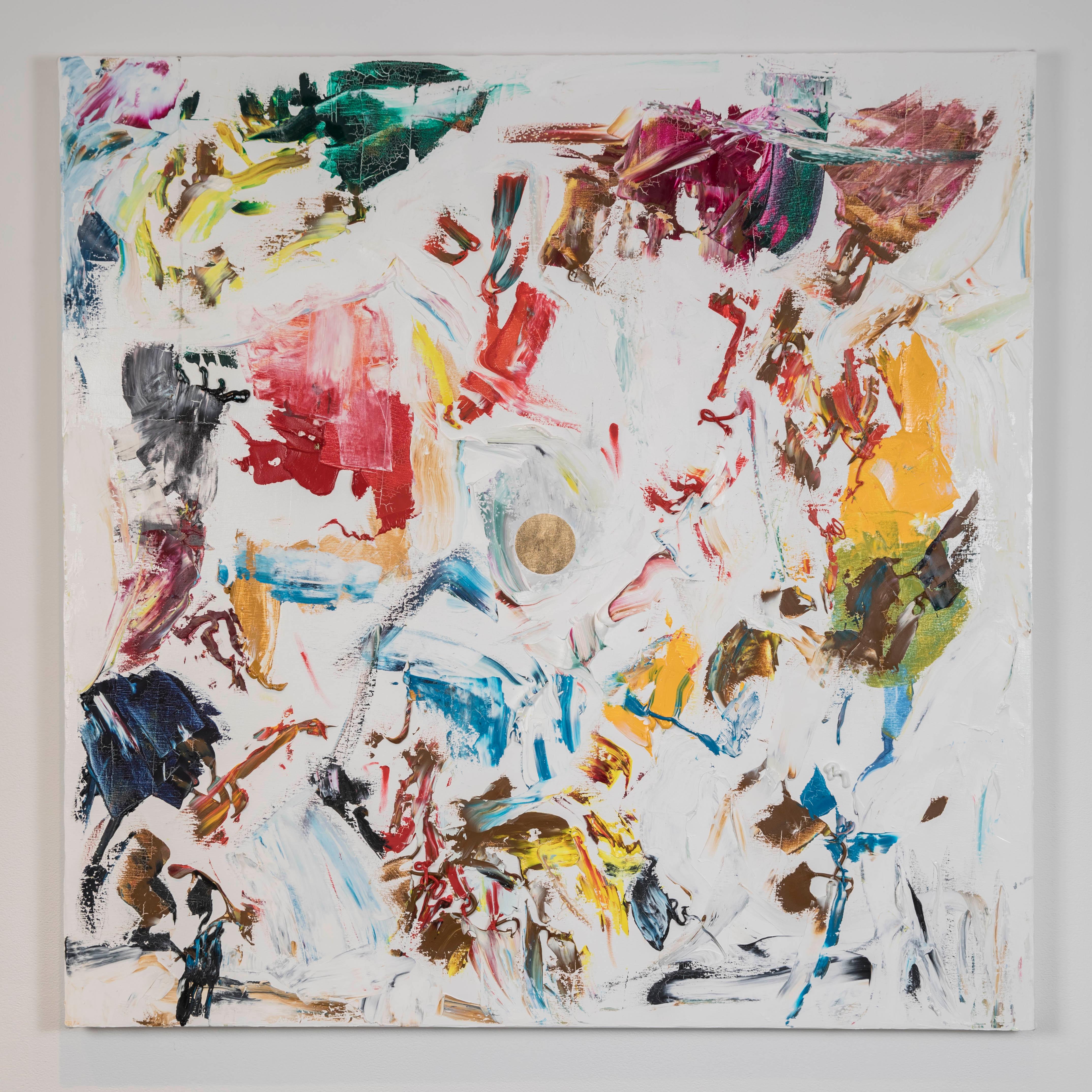 Abstract Painting di Yuri Figueroa - CHAOS I - quadro astratto contemporaneo e colorato con foglia d'oro