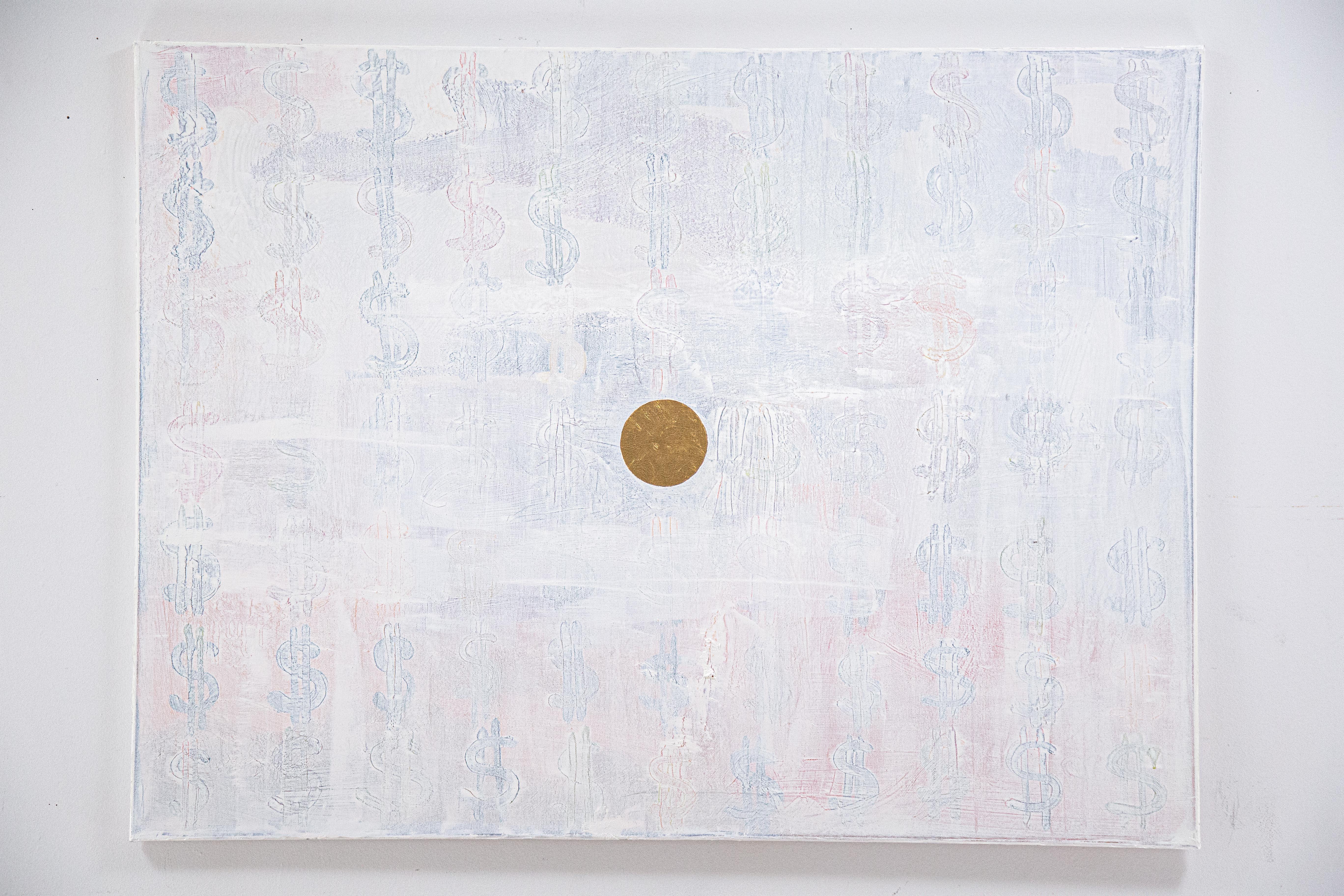 DINERO - PINTURA CENTRO ORO - Pintura abstracta al óleo y pan de oro, Signos de dólar - Painting de Yuri Figueroa