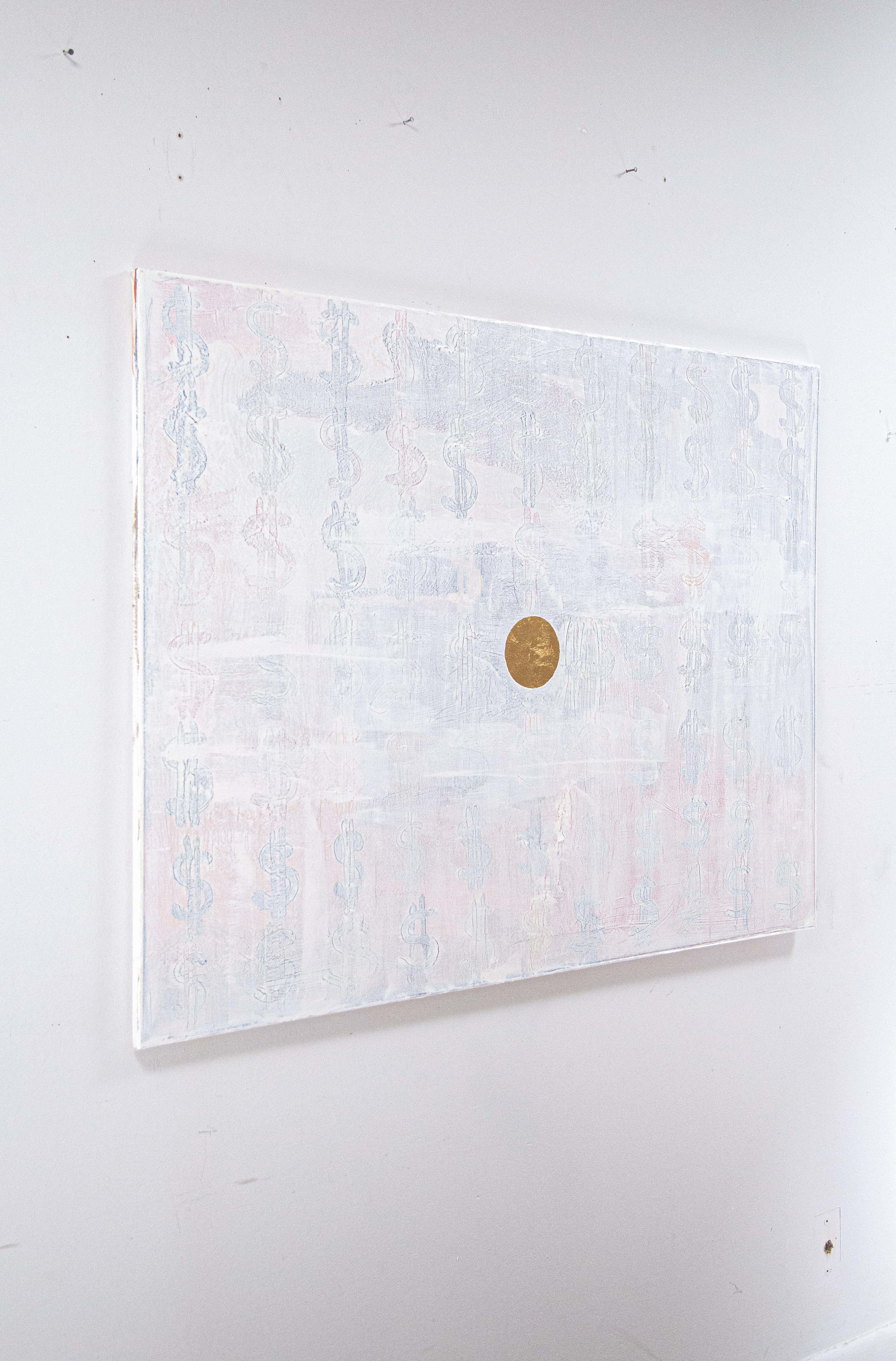 DINERO - PINTURA CENTRO ORO - Pintura abstracta al óleo y pan de oro, Signos de dólar - Abstract Painting Gris de Yuri Figueroa