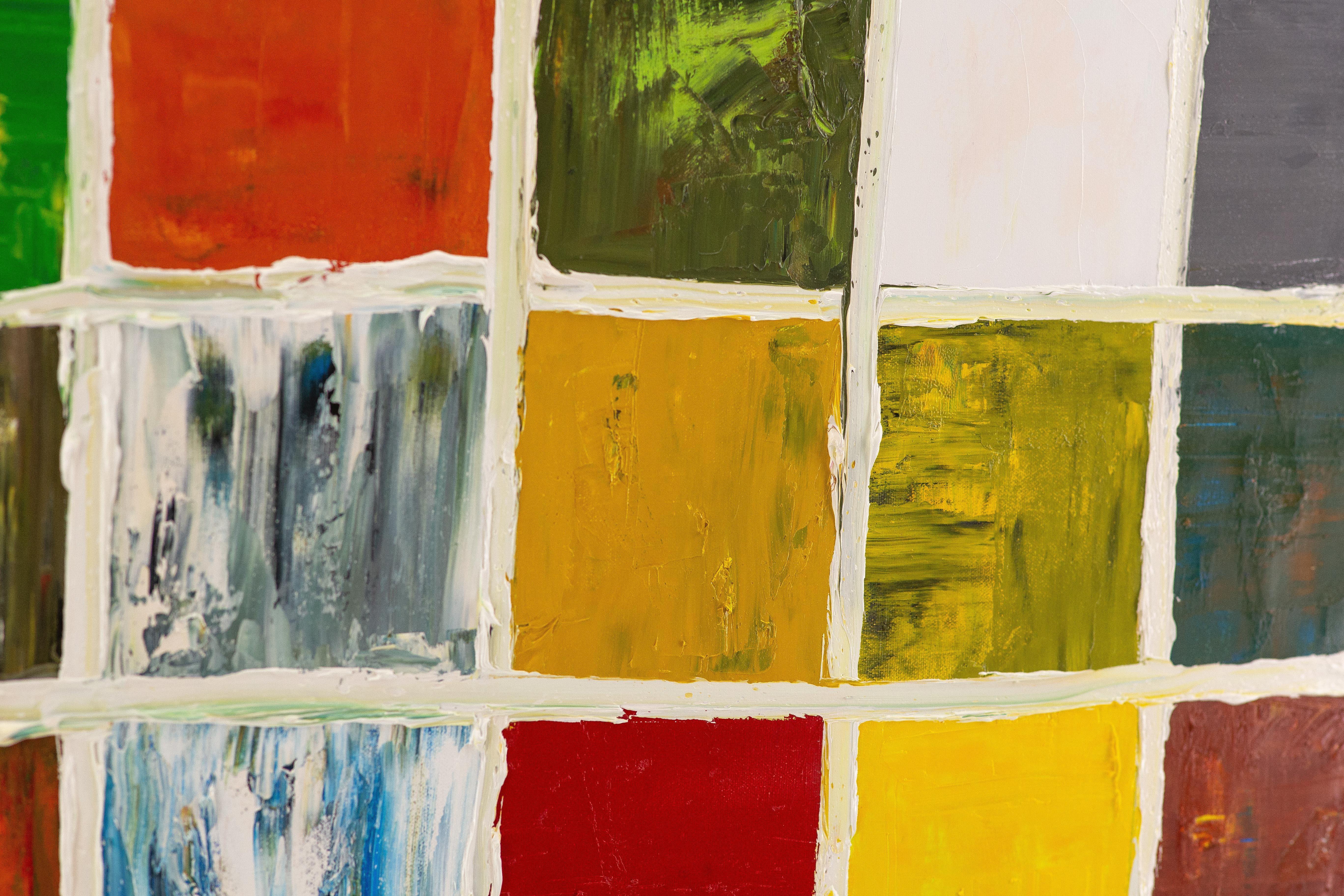 SCIENCE FICTION GRID NO. 1 - Abstract Oil Canvas, colored squares, white - Painting by Yuri Figueroa