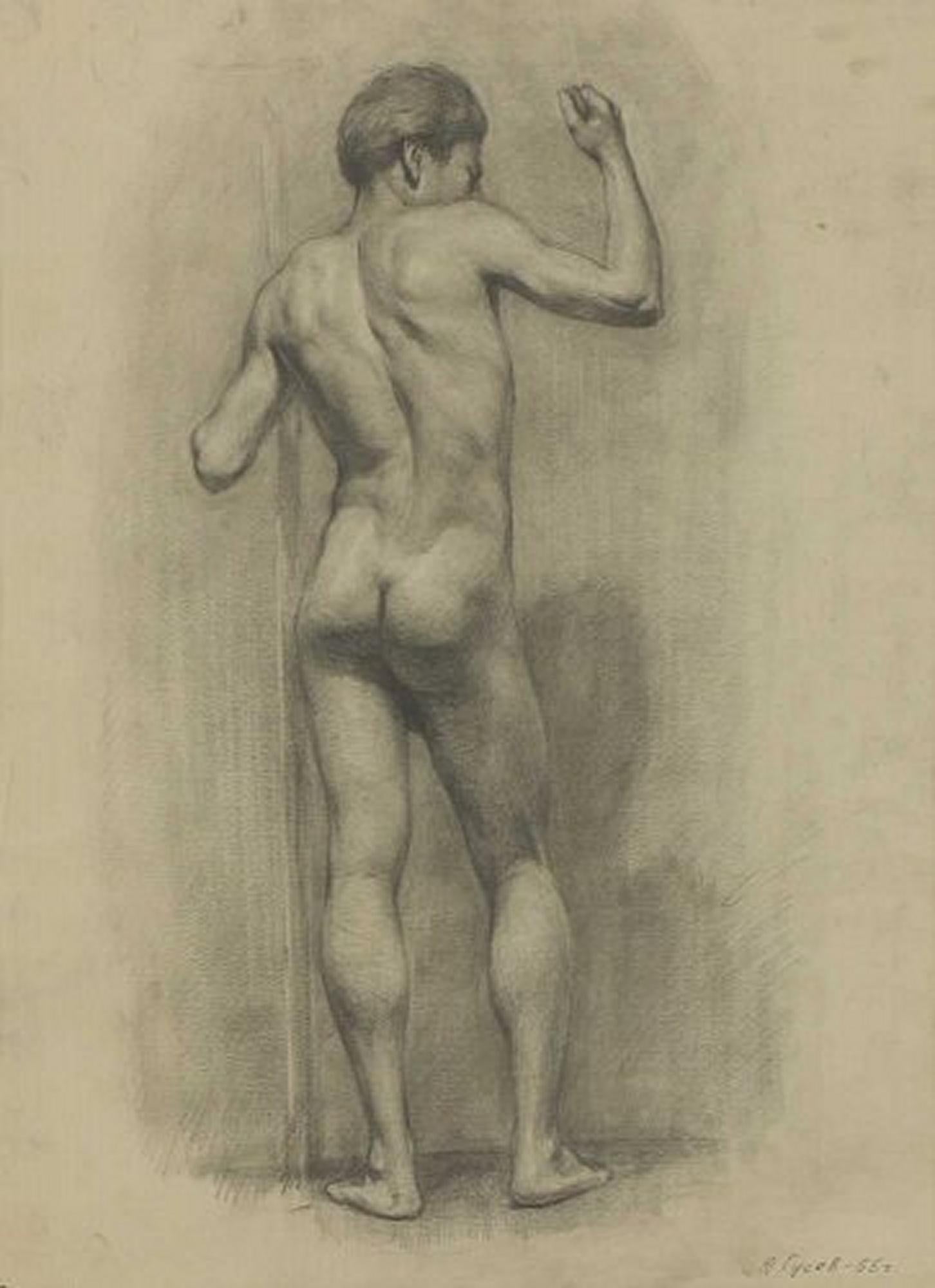 Yuri Gusev (Russian, 1928-2012) Young standing male nude signed and dated '55 l.r., pencil
Measures: 61 × 45cm.

Yuri Gusev was born in Moscow in 1928. Studied at Moscow Intermediate Art School until 1947. Then graduated from Moscow Art Academy