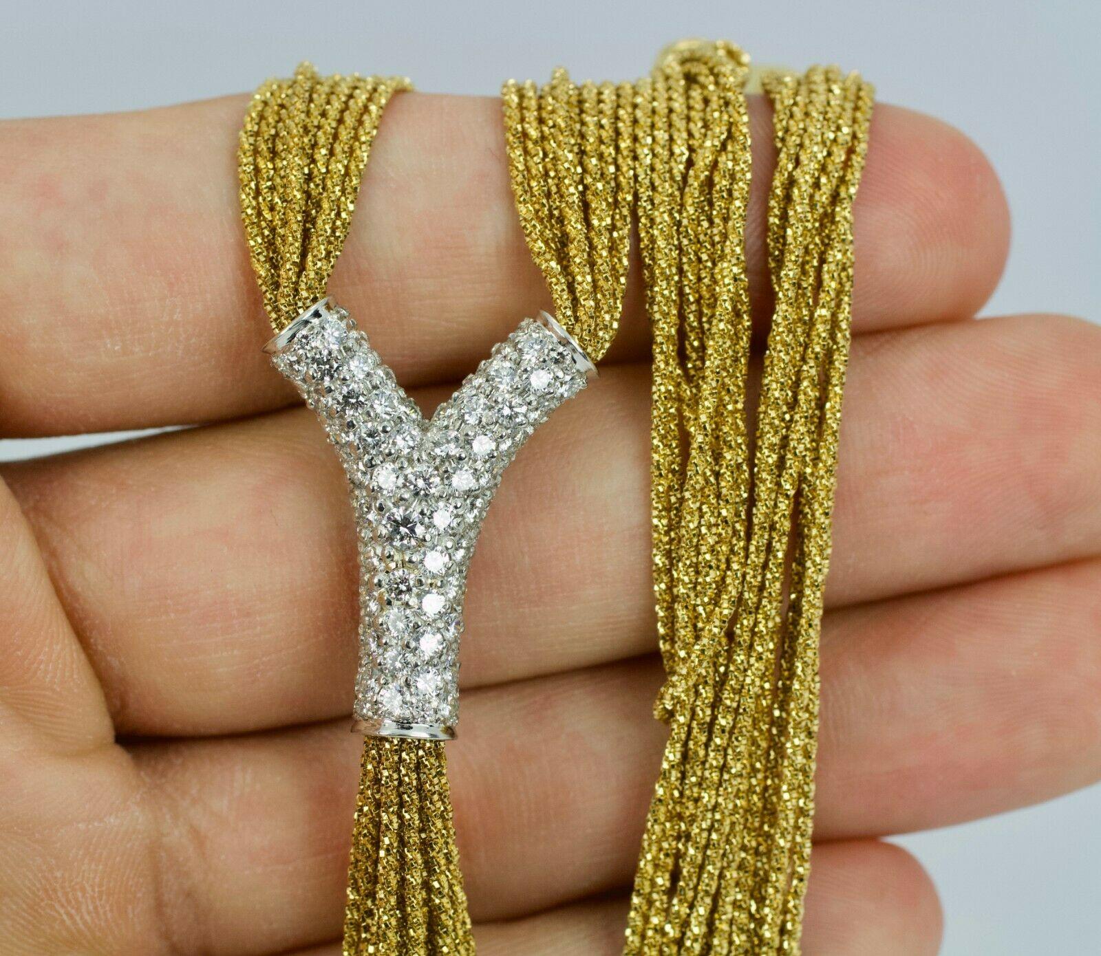 18k Yellow Gold Round White Diamonds Silk Multi Strand Necklace 
31.7 Grams 
16 Inches Long 
 Round White Brilliant Cut Diamonds Approximately 3.50 Carats Total Weight
Color: E-F
Clarity: VS2
This is a beautiful diamond Yuri Ichihashi Necklace. This