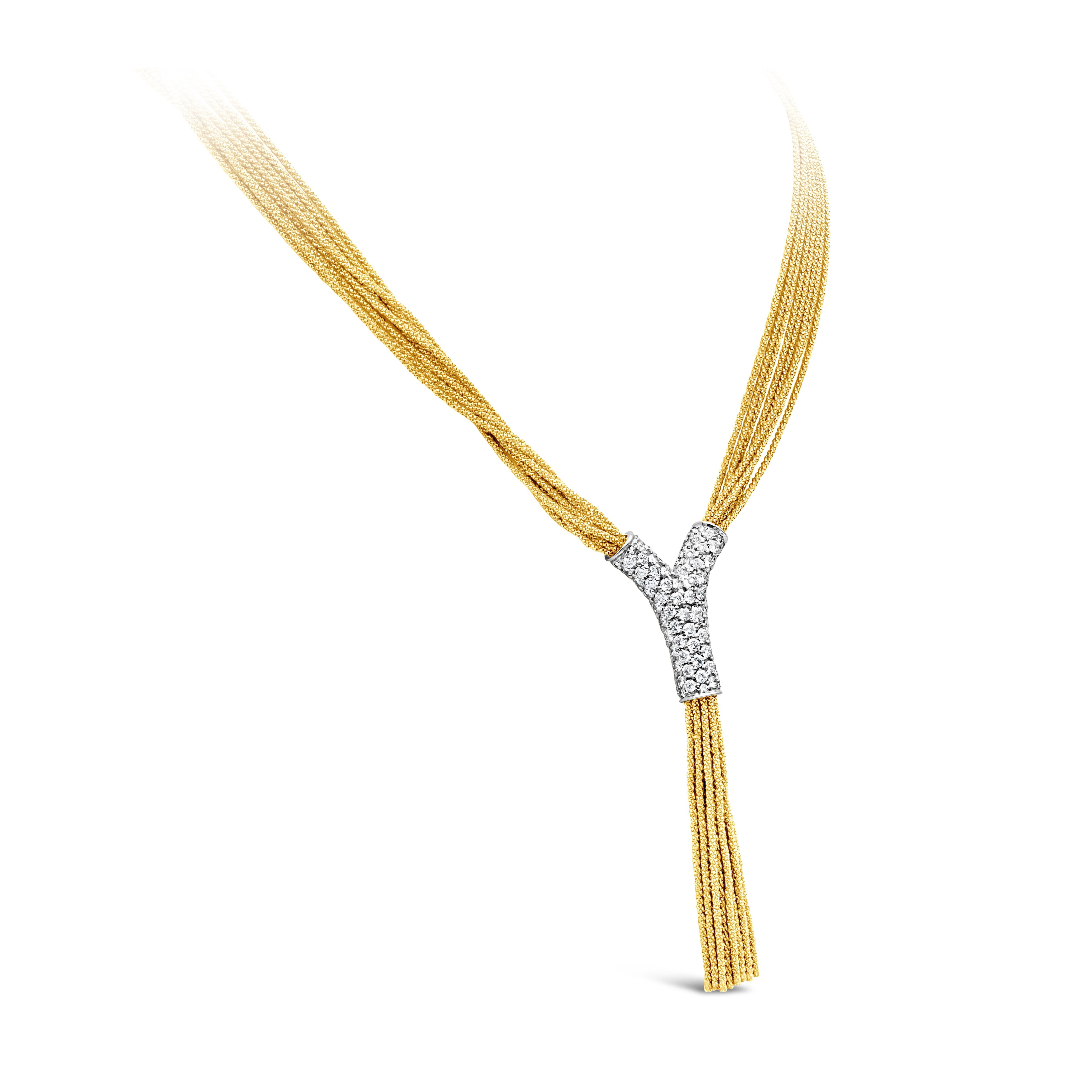 Yuri Ichihashi 18kt yellow gold woven ''Y'' necklace with 8 strands of woven gold and diamond ''Y'' enhancer to top it off. The necklace is set with 4.41 carats of F Color and VS in Clarity round cut diamonds.