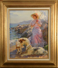 An Elegant Lady with Borzoi dogs in a Coastal Landscape