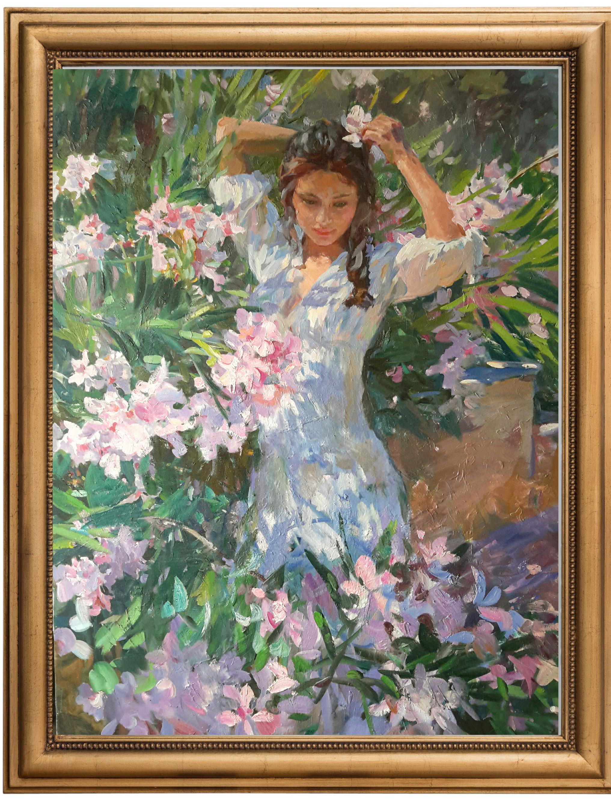 Girl in Flowers, Portrait Painting, Contemporary, Impressionist, 21st Century For Sale 1