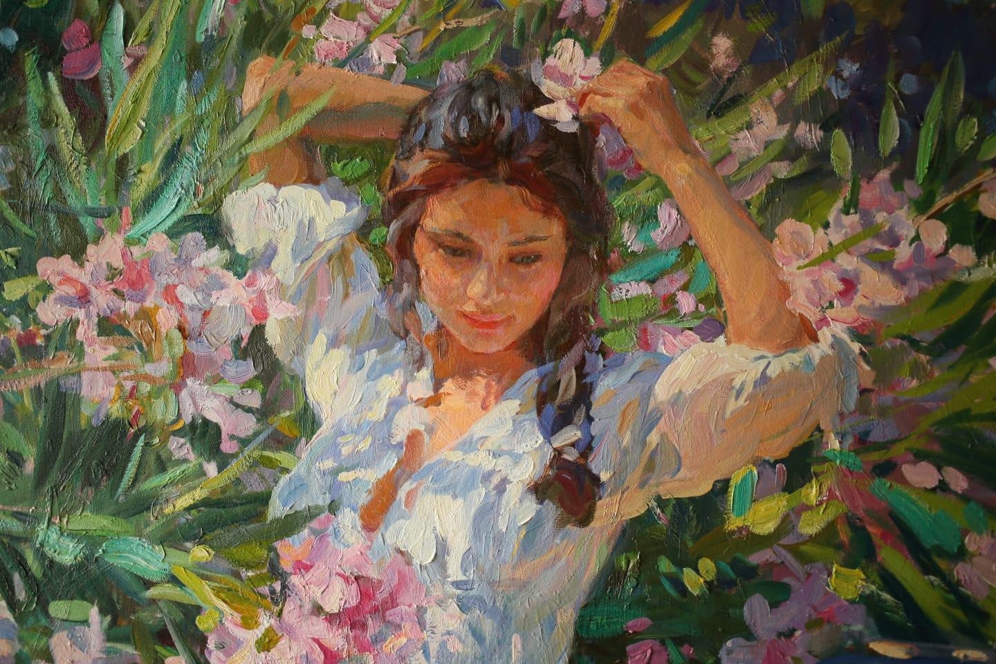 Girl in Flowers, Portrait Painting, Contemporary, Impressionist, 21st Century For Sale 4
