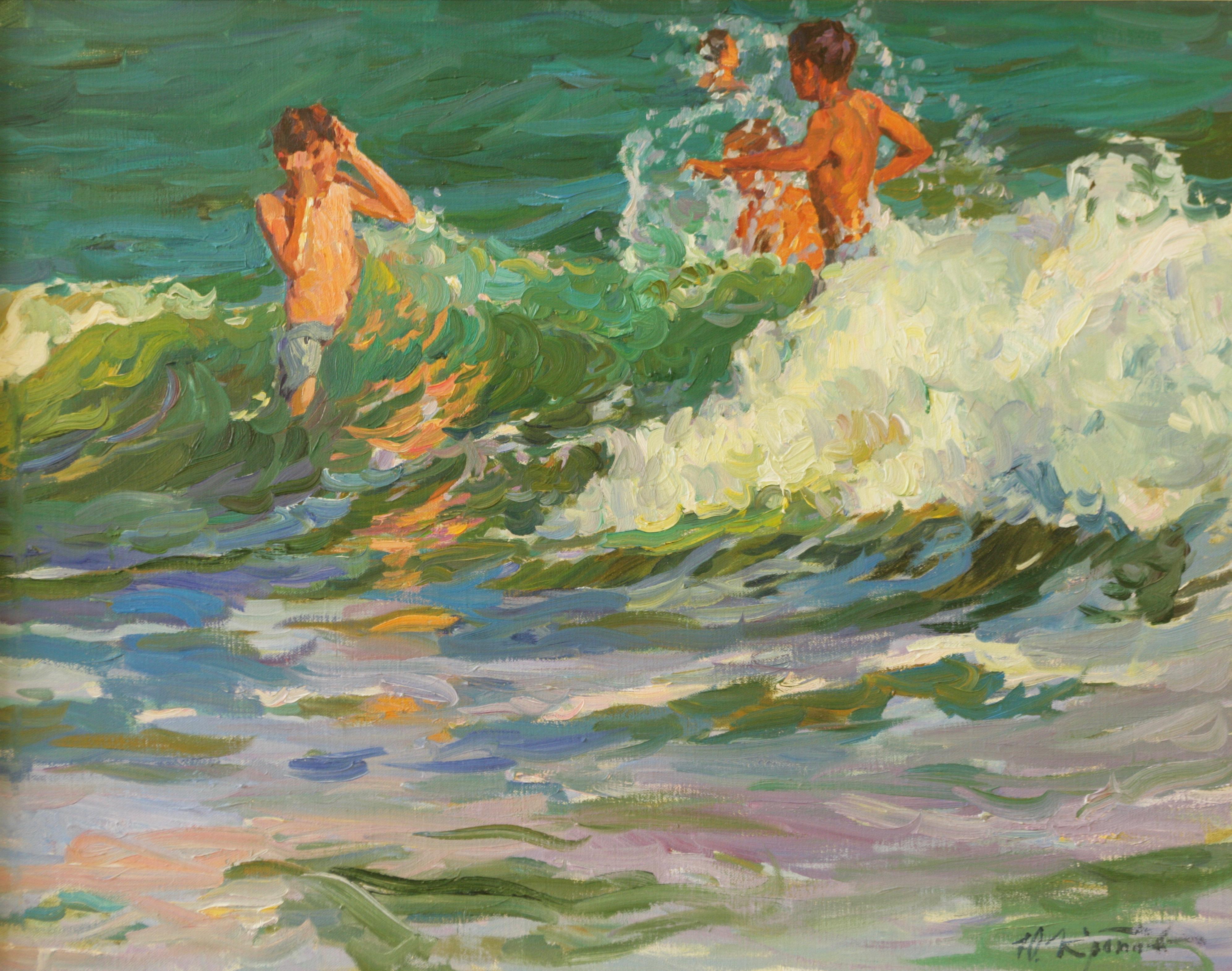 Peinture à l'huile impressionniste russe contemporaine « Jumping Waves » de Yury Krotov   - Impressionnisme Painting par Yuri Krotov
