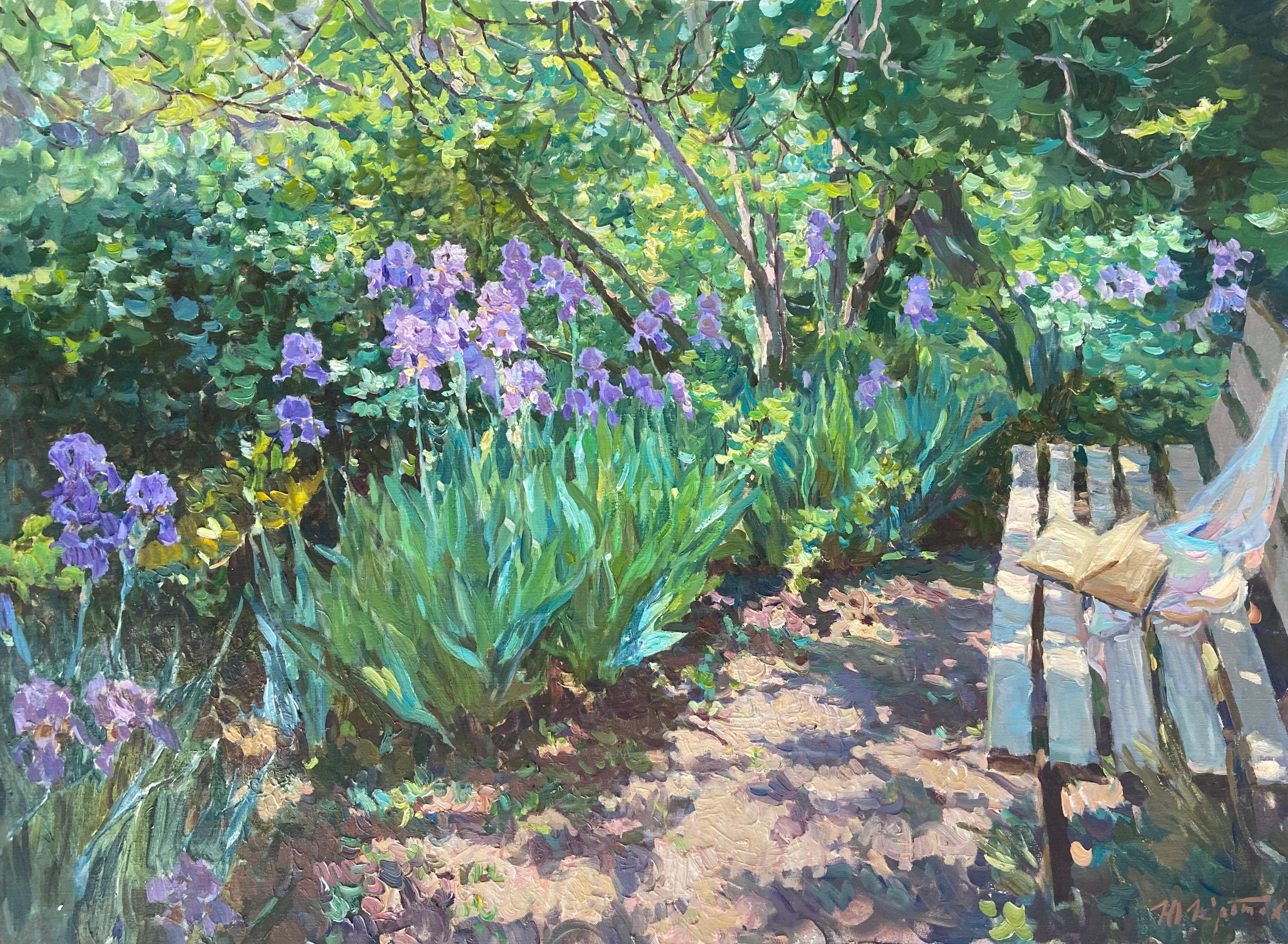 OPEN BOOK ON THE GARDEN BENCH...Yuri Krotov.contemporary Russian artist For Sale 1