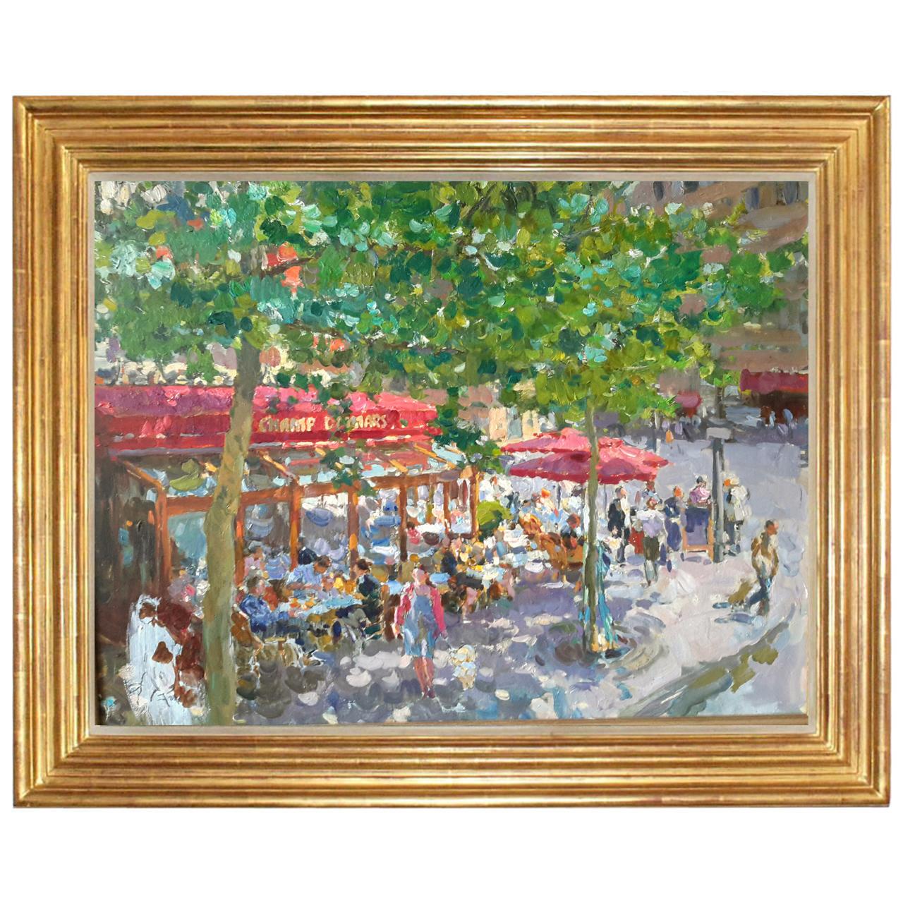 Spring in Paris, cafe, Paris, Contemporary, Impressionist, 21st Century  - Painting by Yuri Krotov