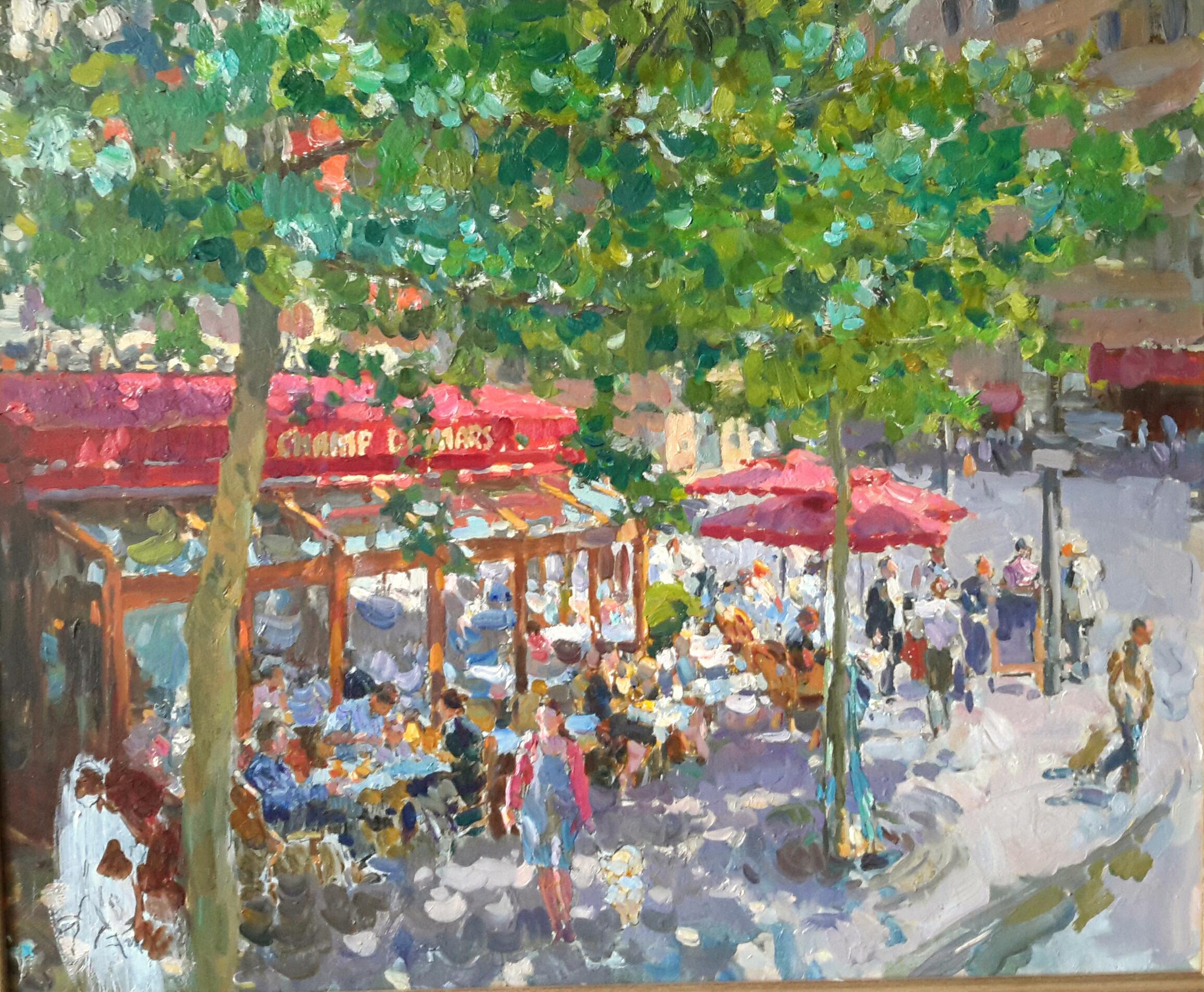 Yuri Krotov Portrait Painting - Spring in Paris, cafe, Paris, Contemporary, Impressionist, 21st Century 