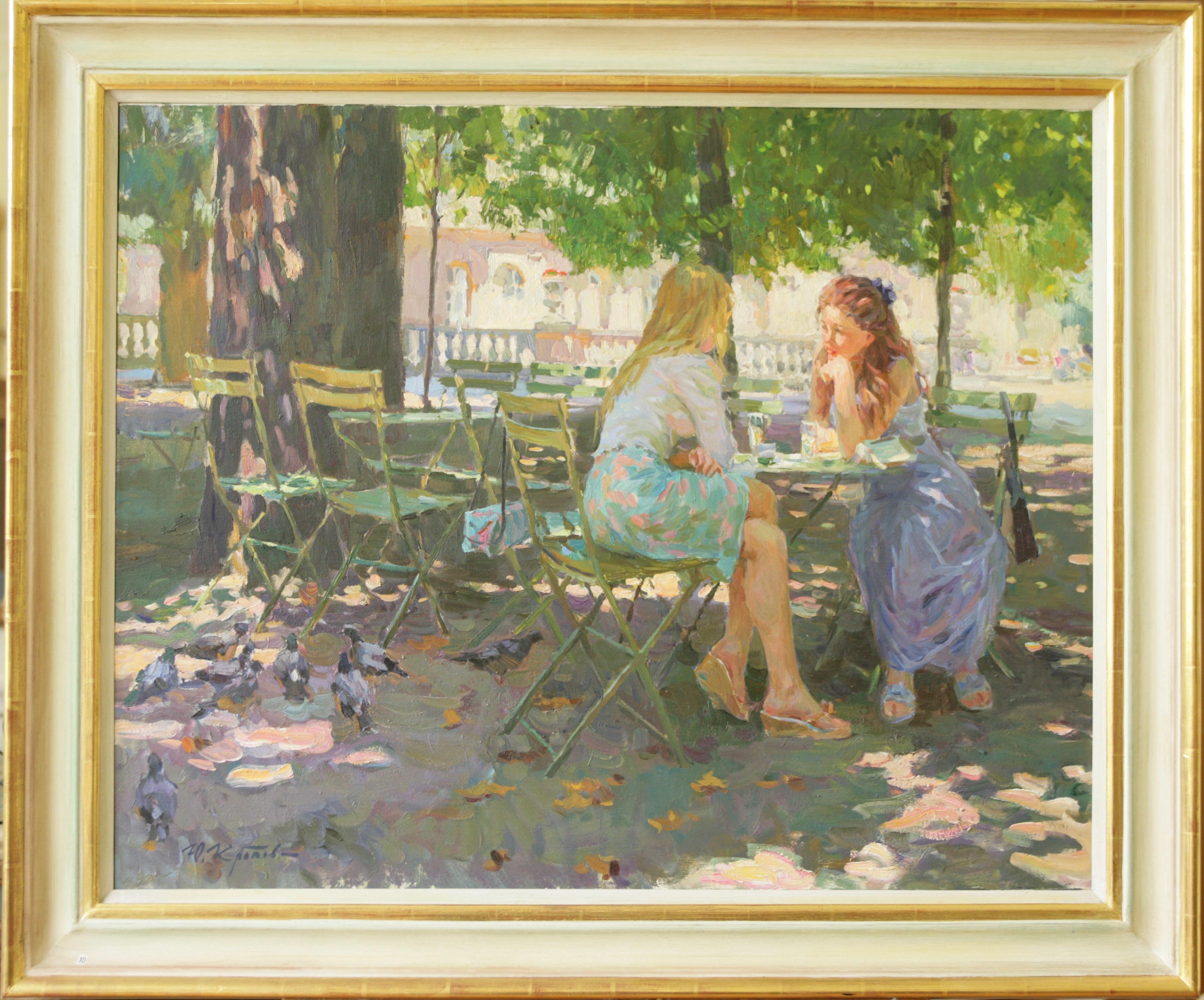 Yuri Krotov Landscape Painting - THE CONVERSATION LUXEMBOURG GARDENS PARIS, YURI KROTOV CONTEMPORARY RUSSIAN  ART